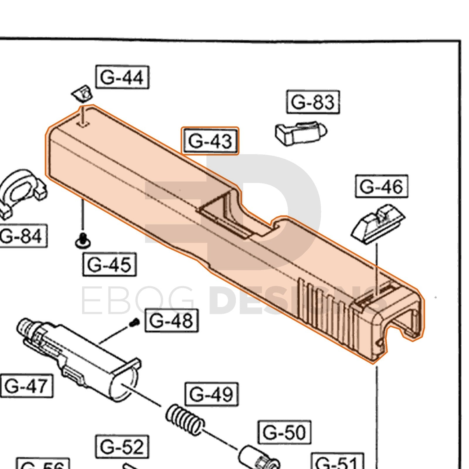 WE G18 auto parts diagram with the slide, tan, part 43, outlined