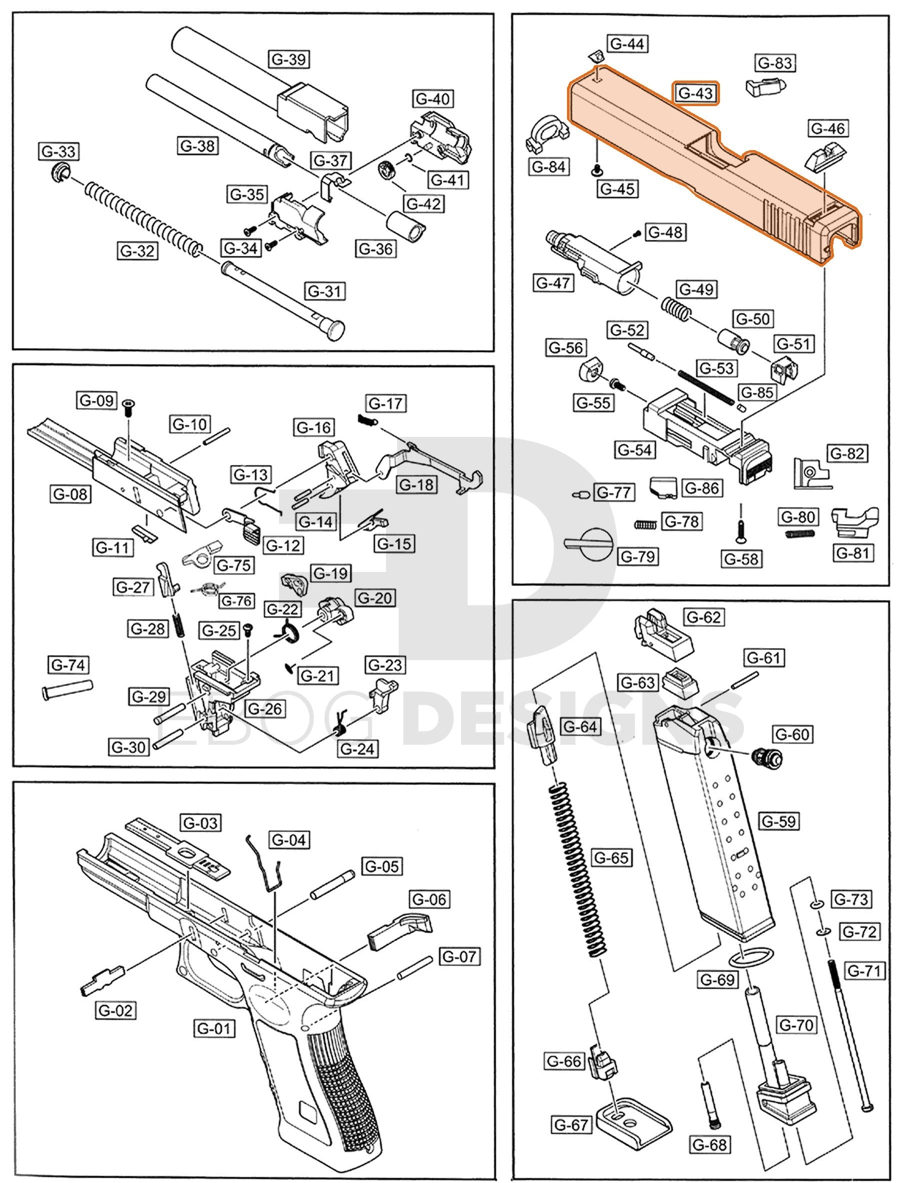 Full WE G18 auto parts diagram showing where the slide, tan (part 43) fits