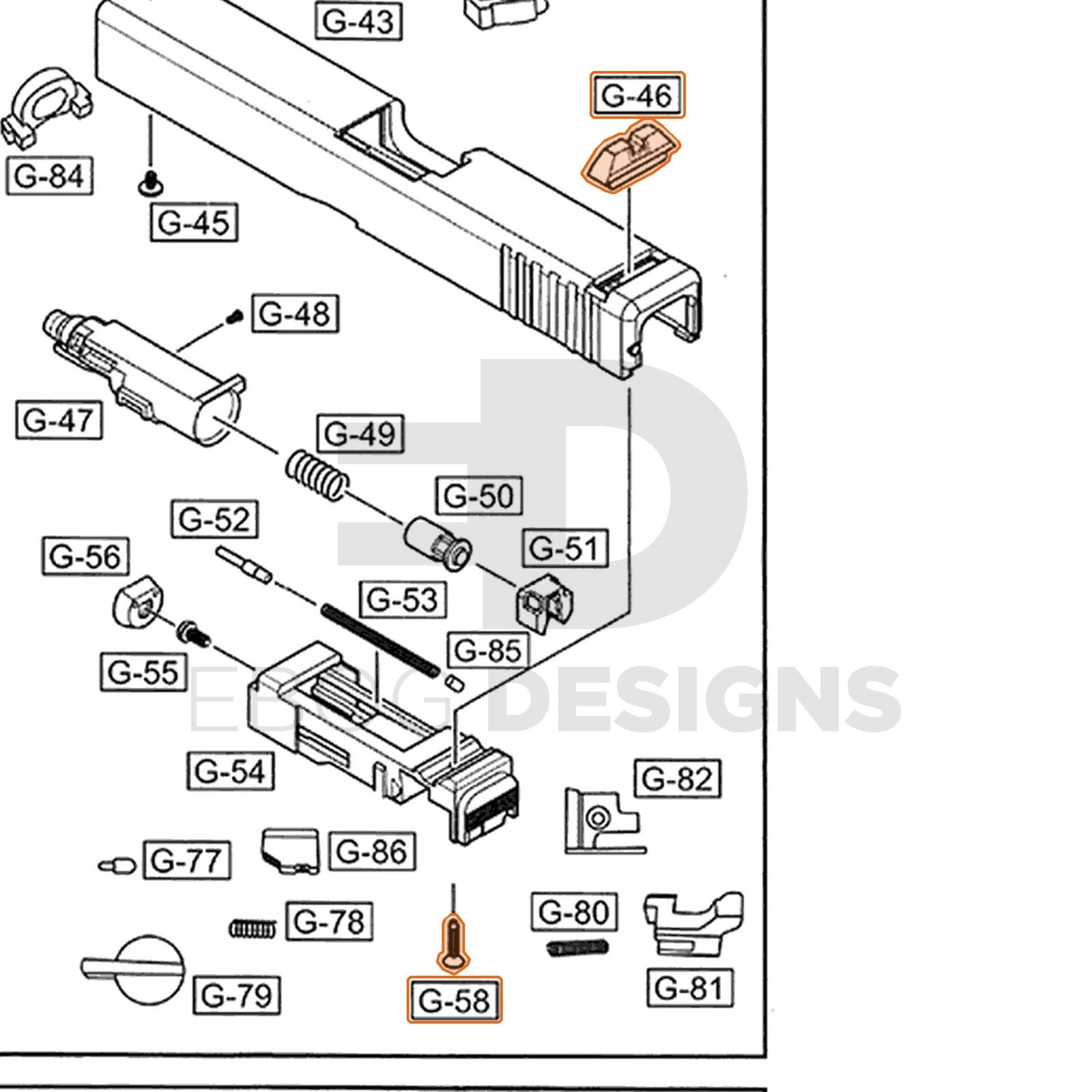WE G18 auto parts diagram with the rear sight and screw, parts 46 and 58, outlined