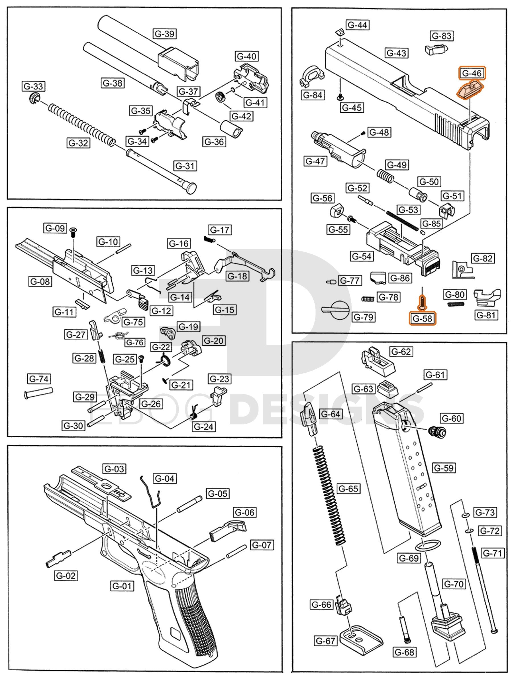 Full WE G18 auto parts diagram showing where the rear sight and screw (parts 46 and 58) fit