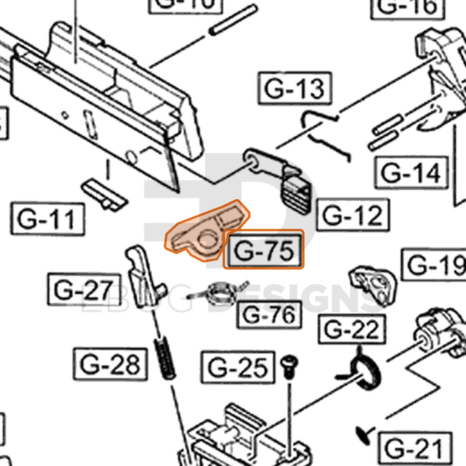 WE G18 auto parts diagram with the hammer auto sear, part 75, outlined