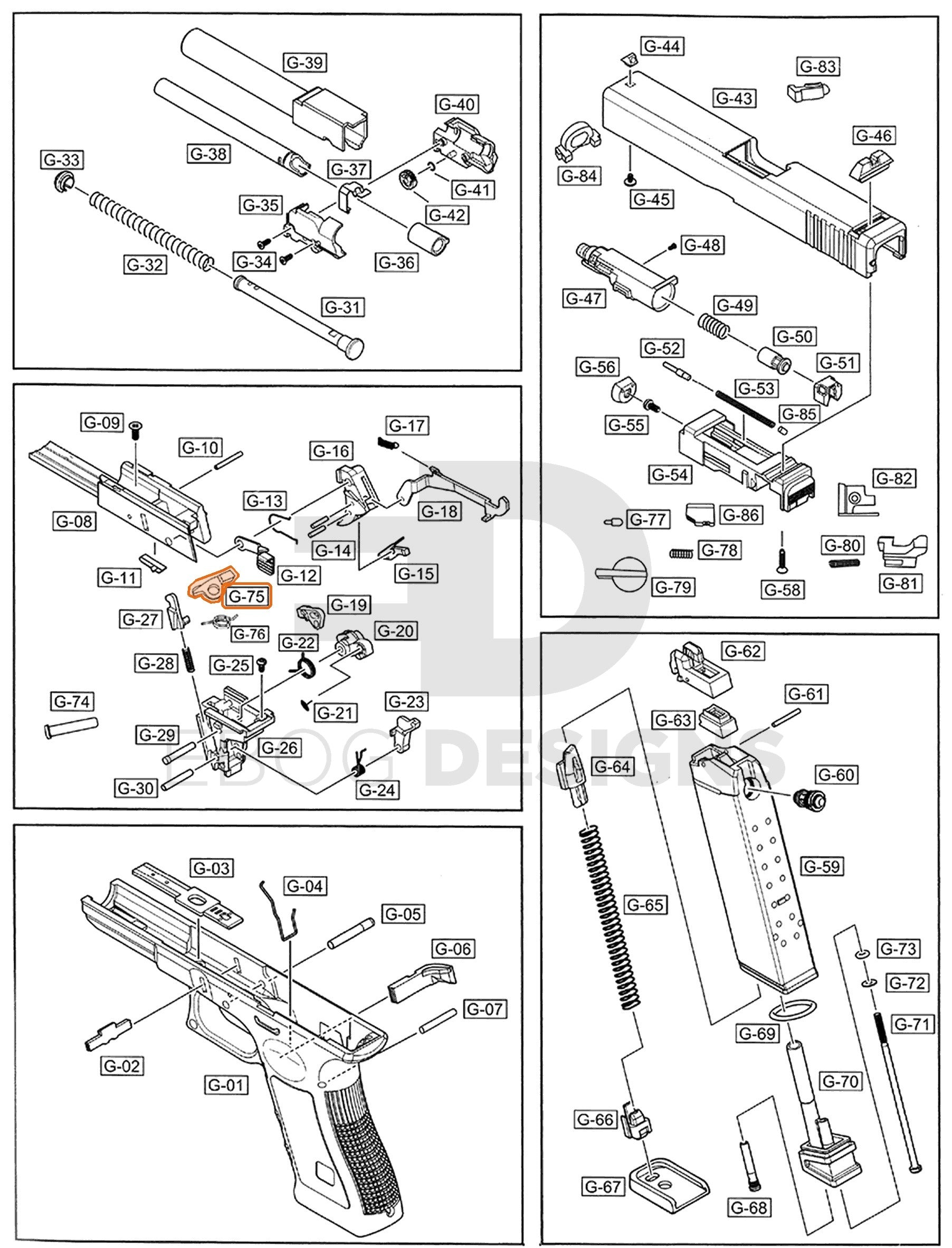 Full WE G18 auto parts diagram showing where the hammer auto sear (part 75) fits