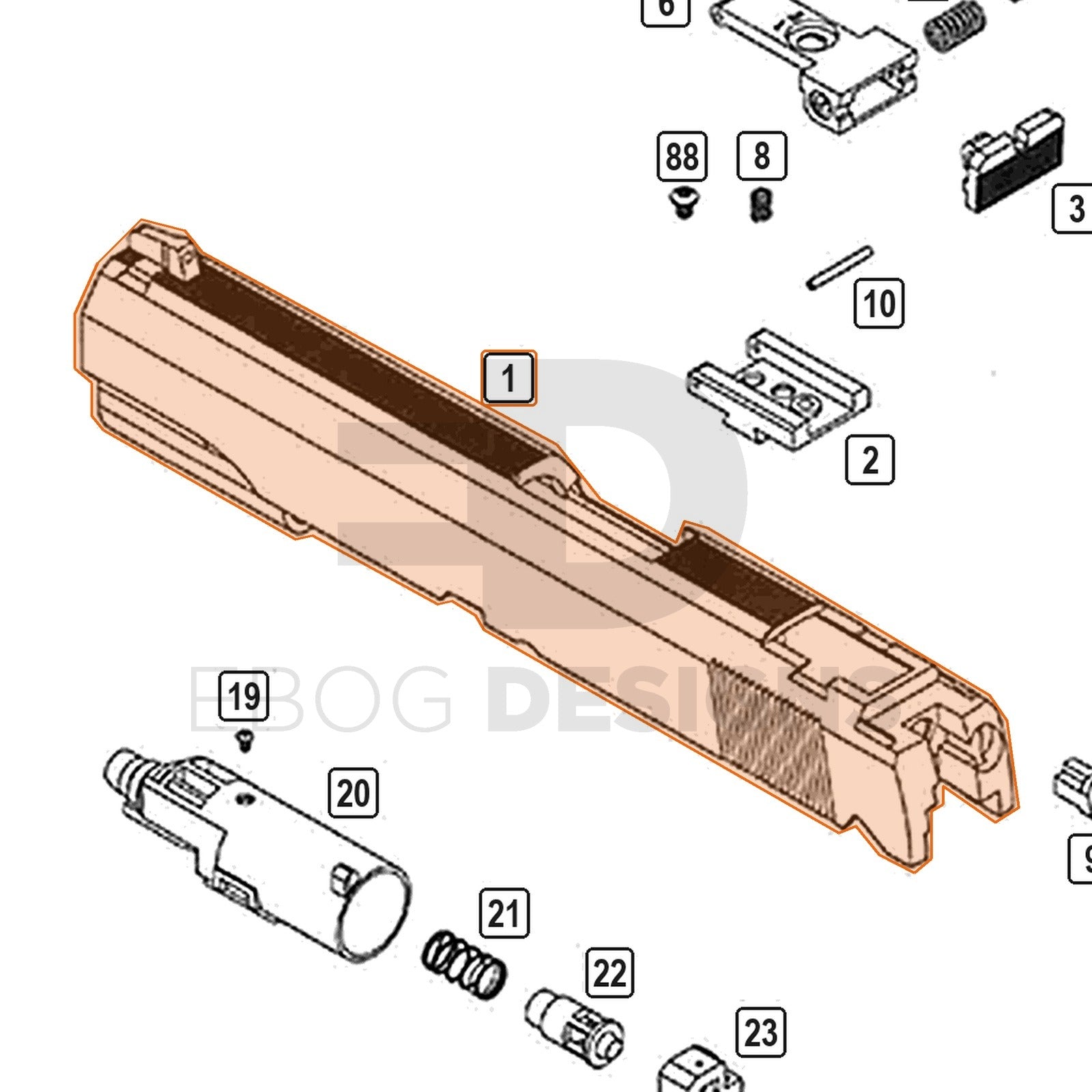 WE Hi-Capa parts diagram with the 5.1 aluminium Weapon Elite .45 slide, part 1, outlined