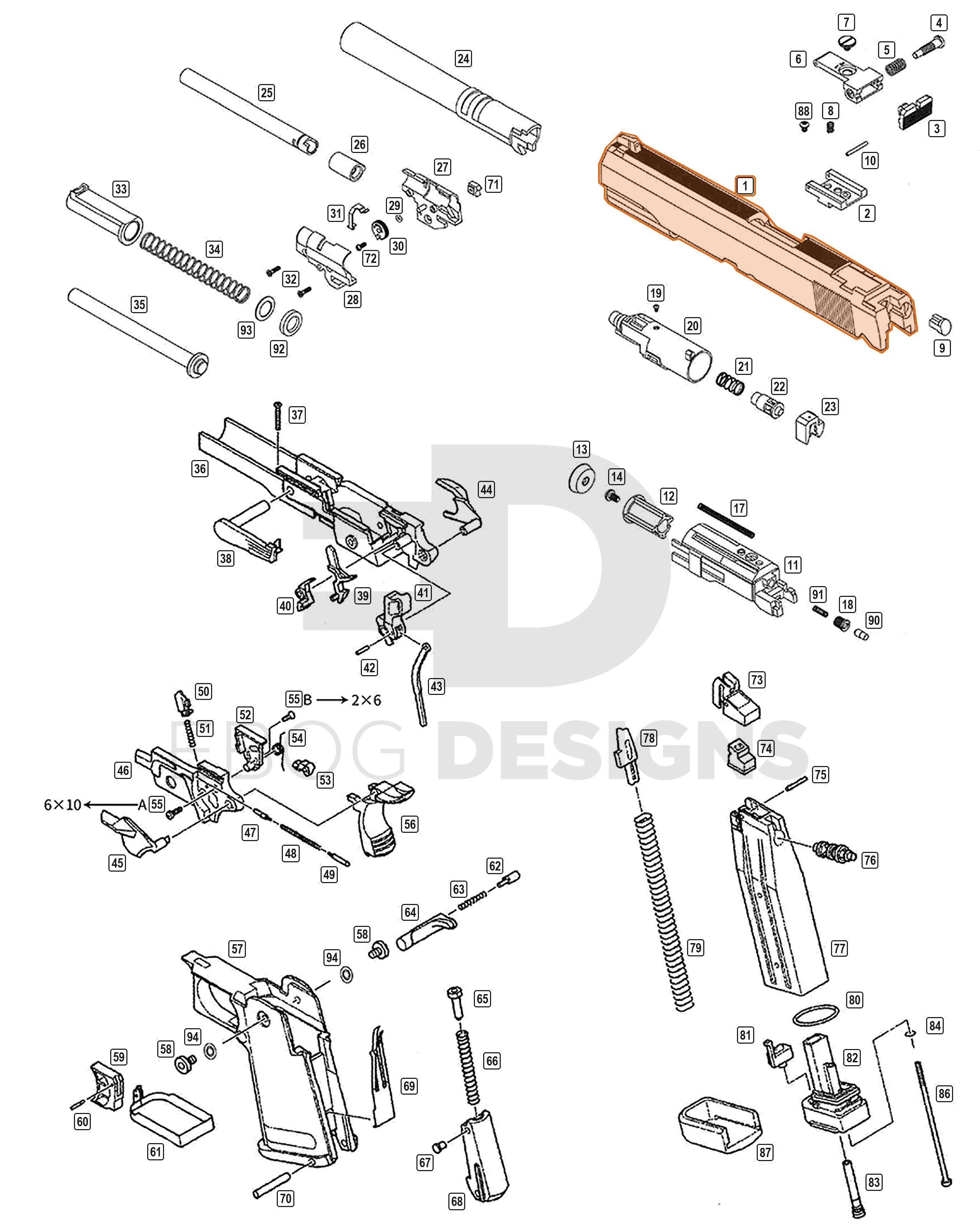 Full WE Hi-Capa parts diagram showing where the 5.1 aluminium Weapon Elite .45 slide (part 1) fits