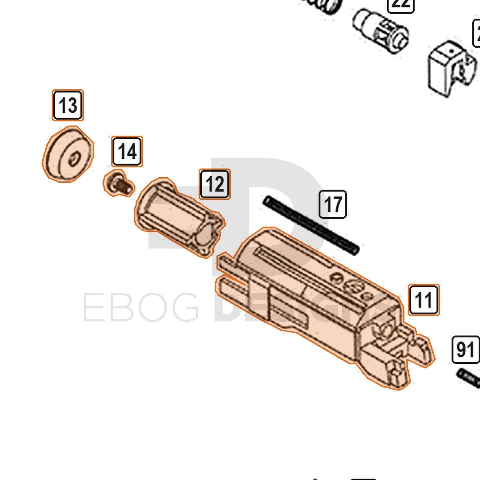 WE Hi-Capa parts diagram with the BBU, nozzle housing, parts 11 to 14, outlined