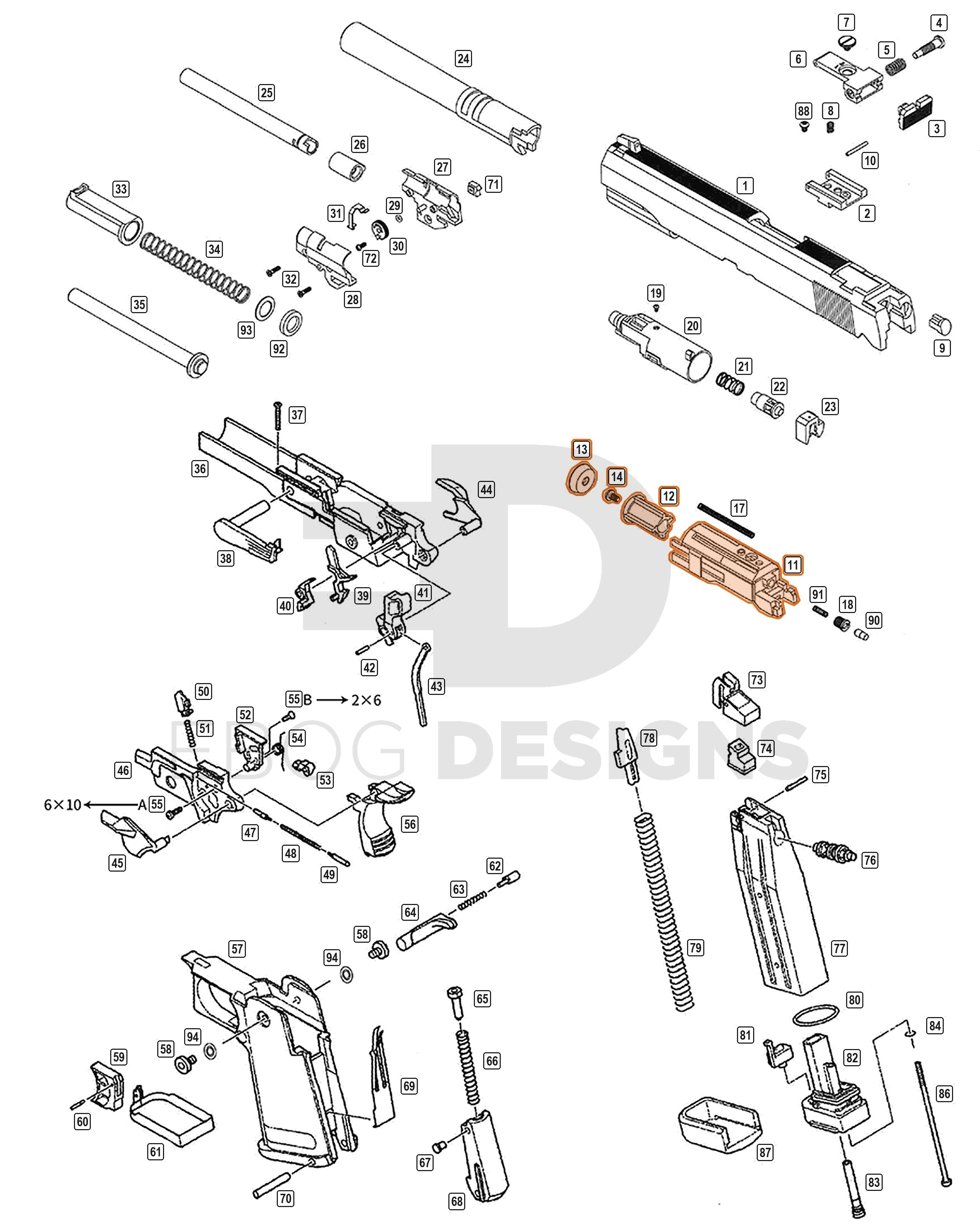 Full WE Hi-Capa parts diagram showing where the BBU, nozzle housing (parts 11 to 14) fits