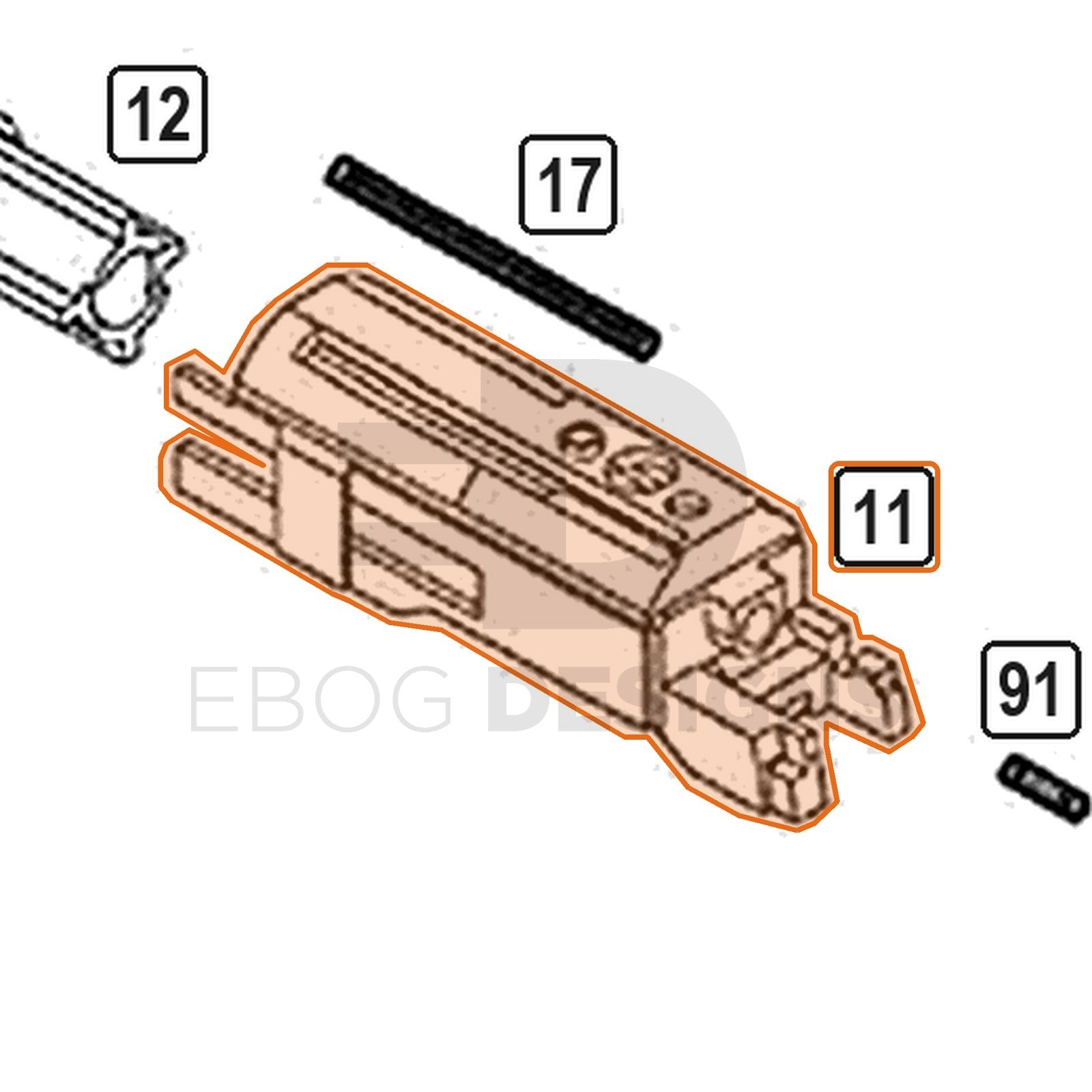 WE Hi-Capa parts diagram with the 4.3 BBU (nozzle housing), part 11, outlined