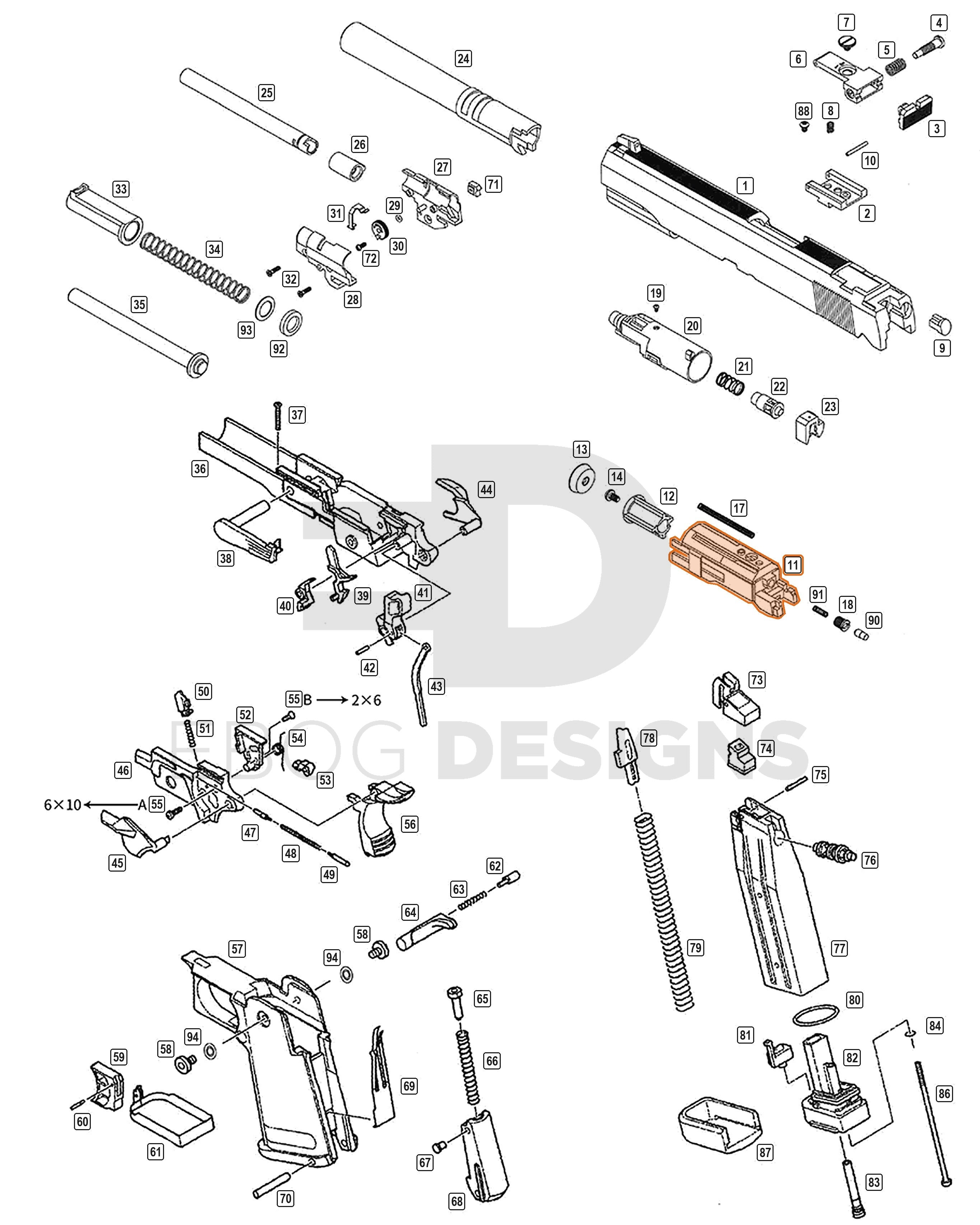 Full WE Hi-Capa parts diagram showing where the 4.3 BBU (nozzle housing) fits (part 11)
