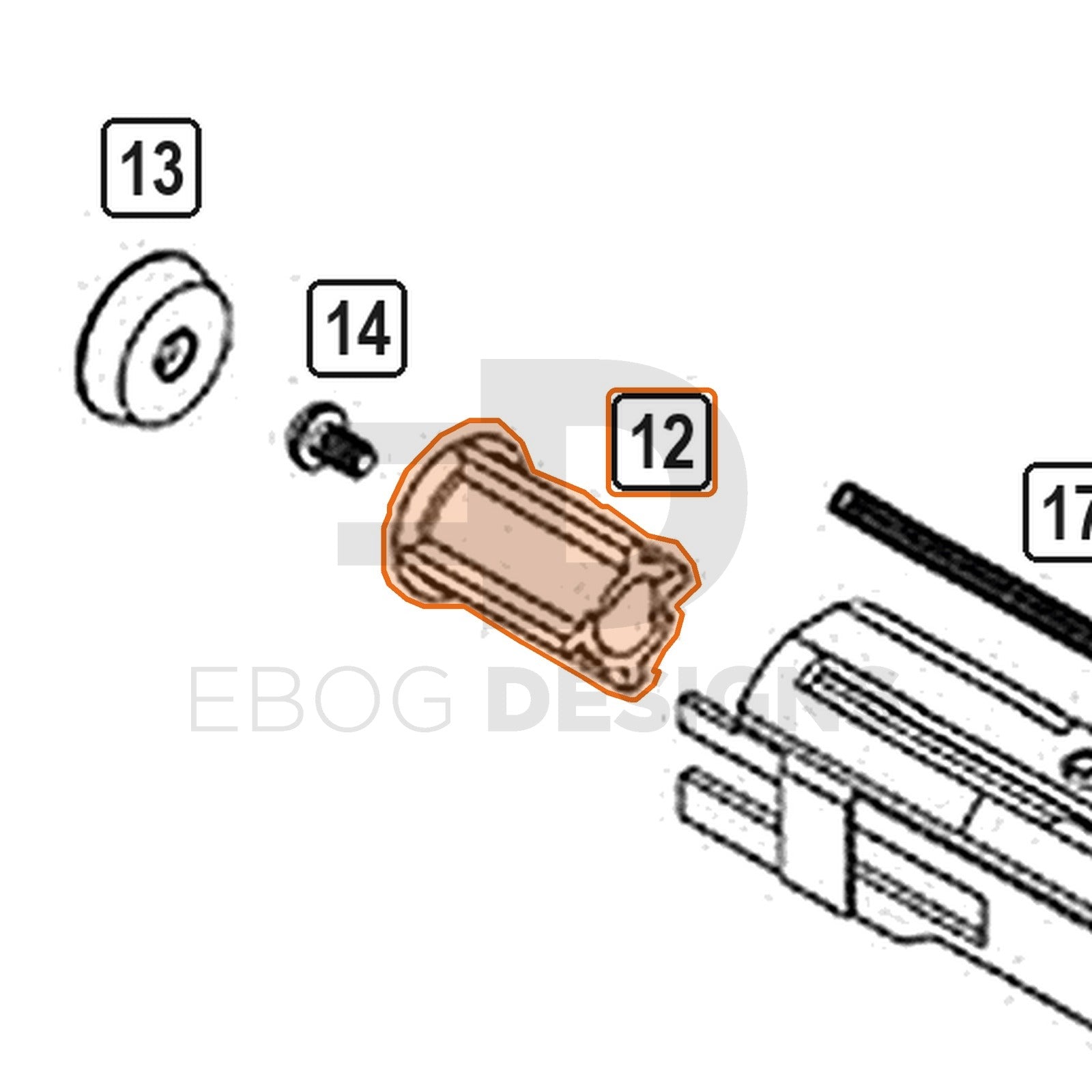 WE Hi-Capa parts diagram with the piston, part 12, outlined