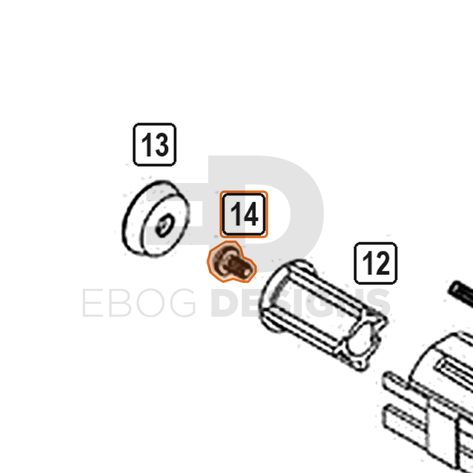 WE Hi-Capa parts diagram with the piston screw, part 14, outlined