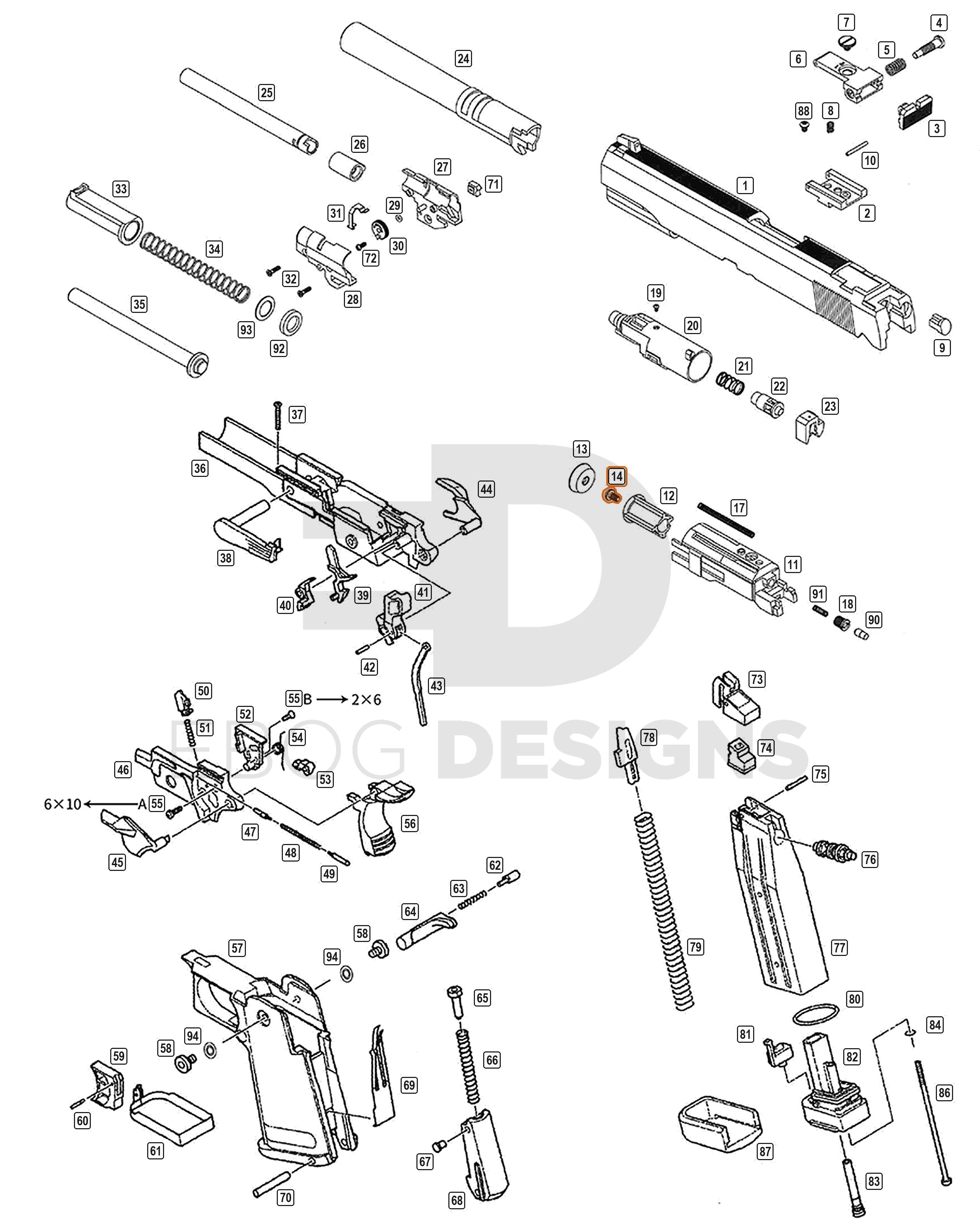 Full WE Hi-Capa parts diagram showing where the piston screw (part 14) fits