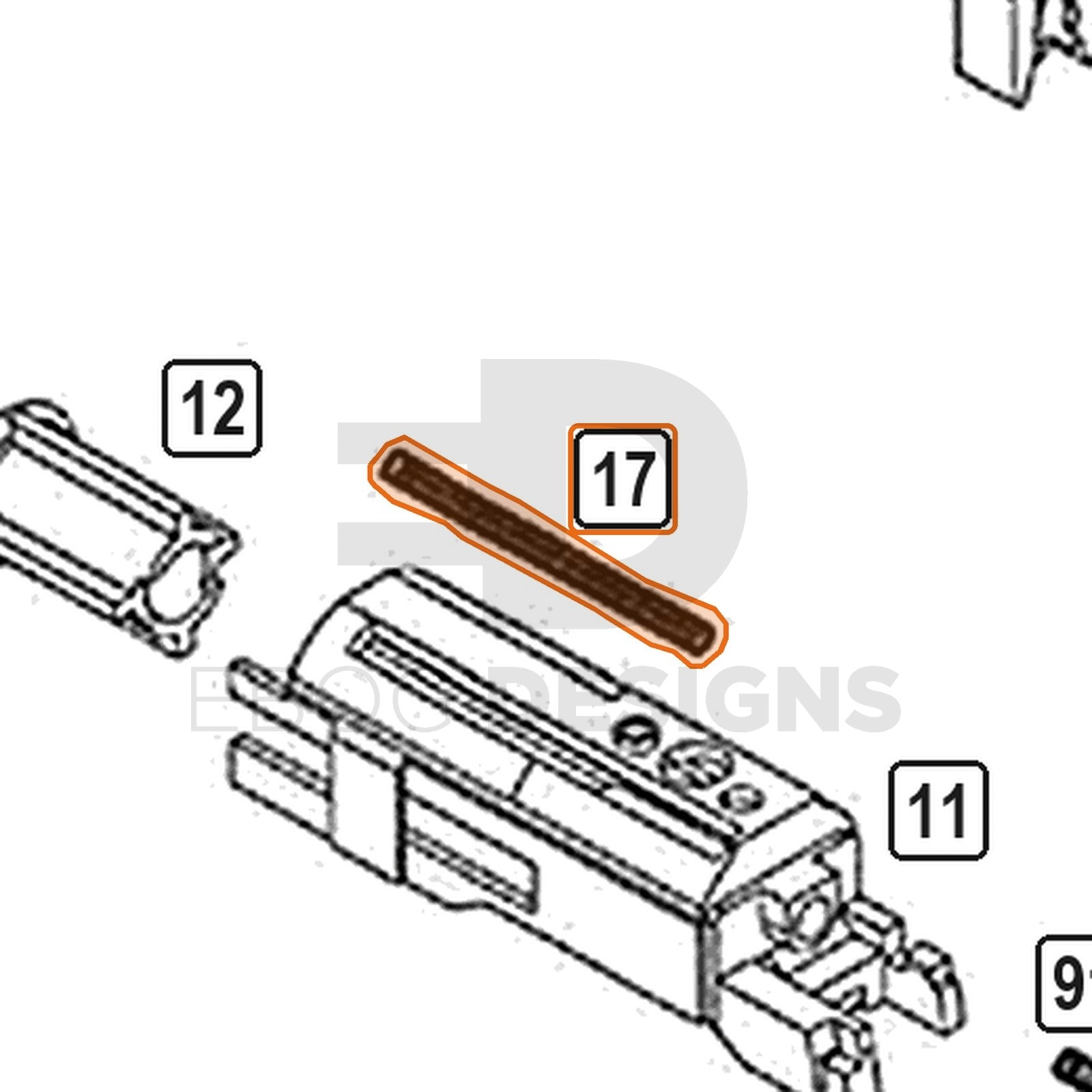 WE Hi-Capa parts diagram with the nozzle return spring, part 17, outlined
