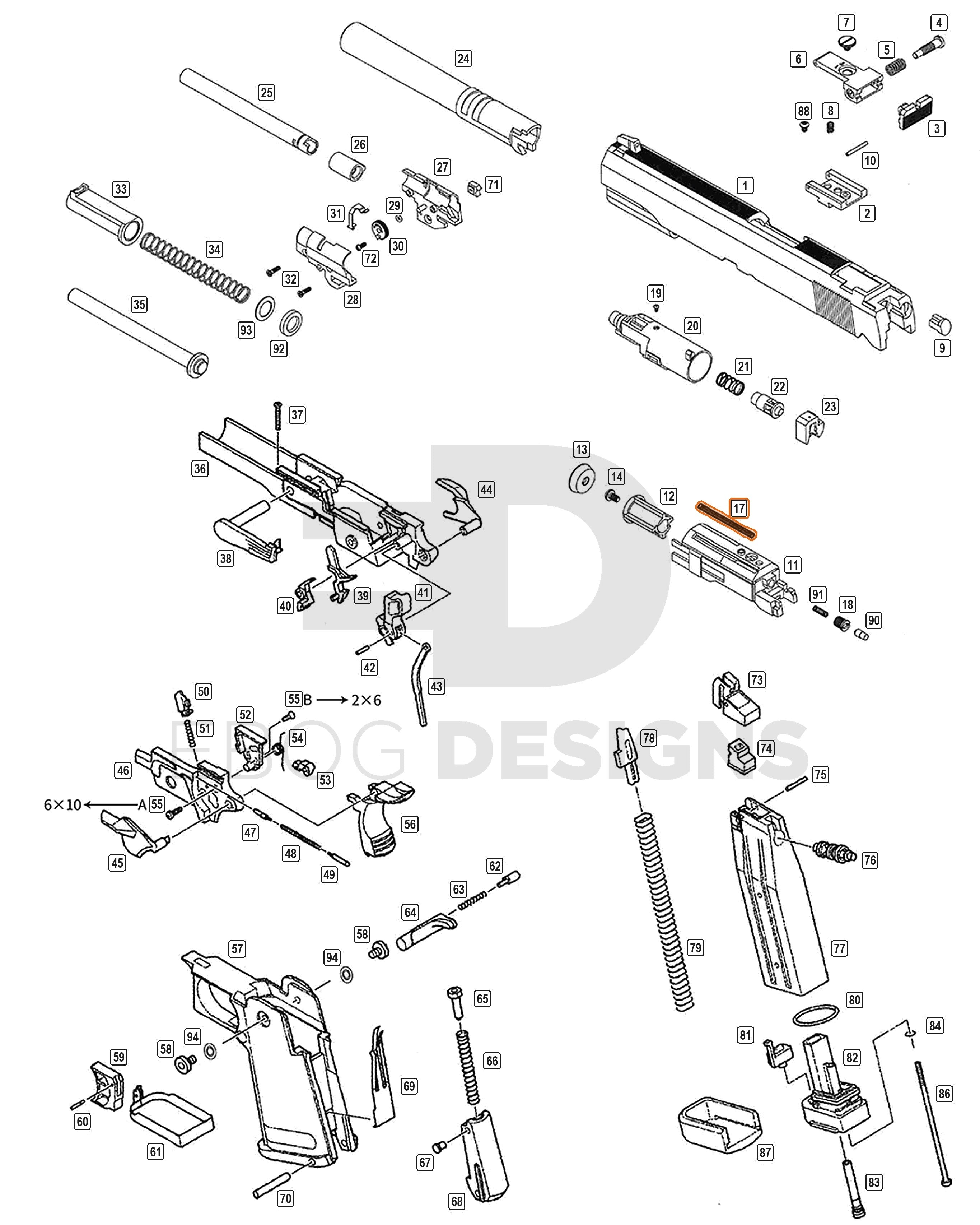 Full WE Hi-Capa parts diagram showing where the nozzle return spring (part 17) fits