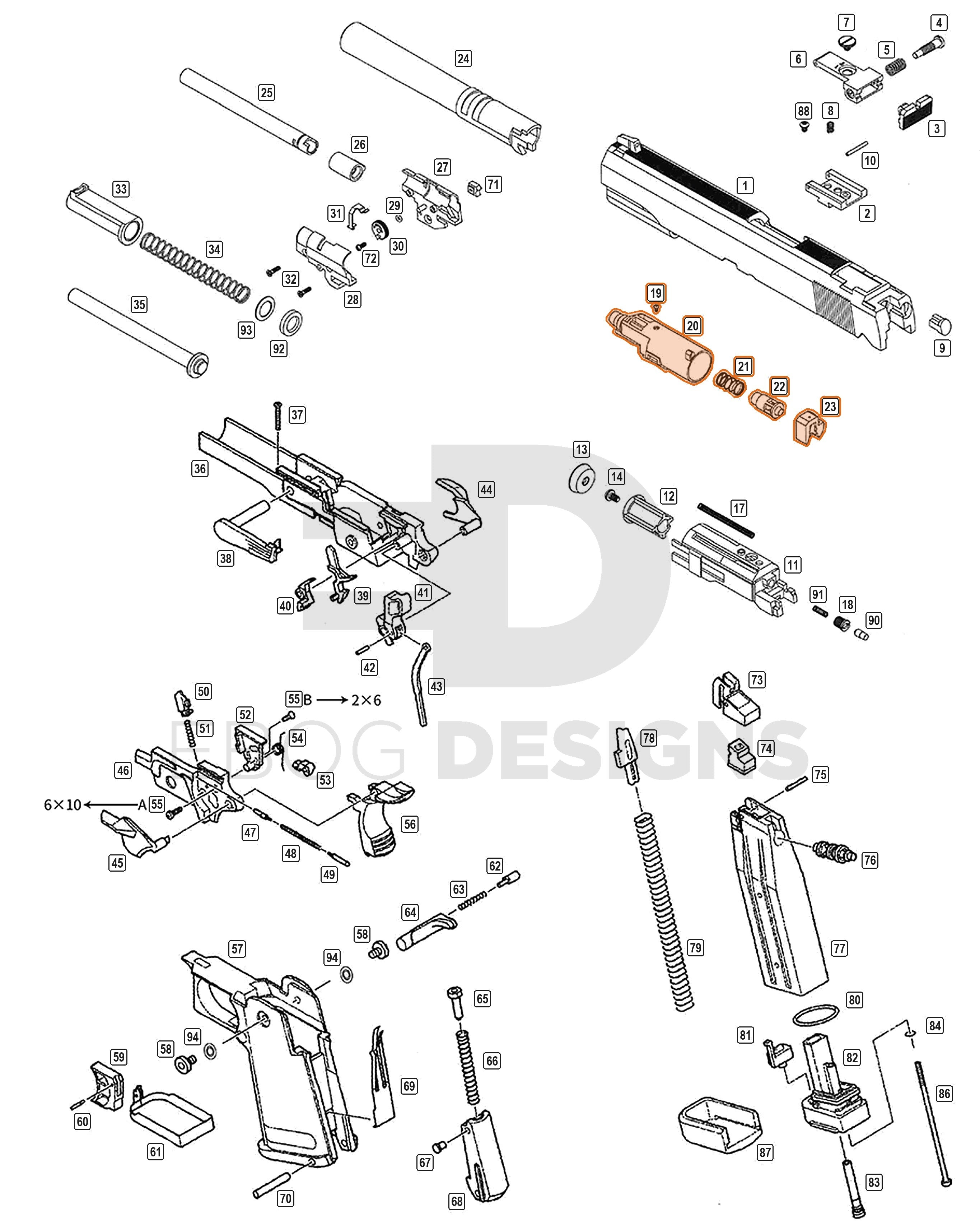 Full WE Hi-Capa parts diagram showing where the loading nozzle assembly (parts 19 to 23) fits