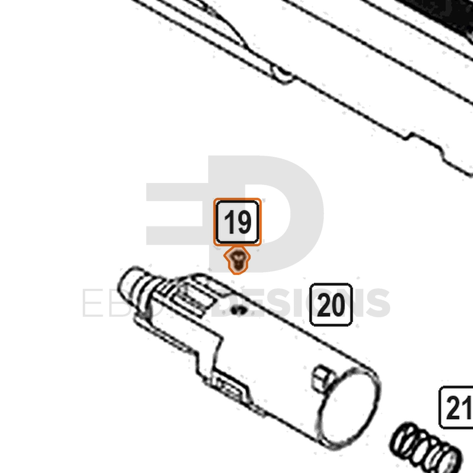 WE Hi-Capa parts diagram with the nozzle valve screw, part 19, outlined