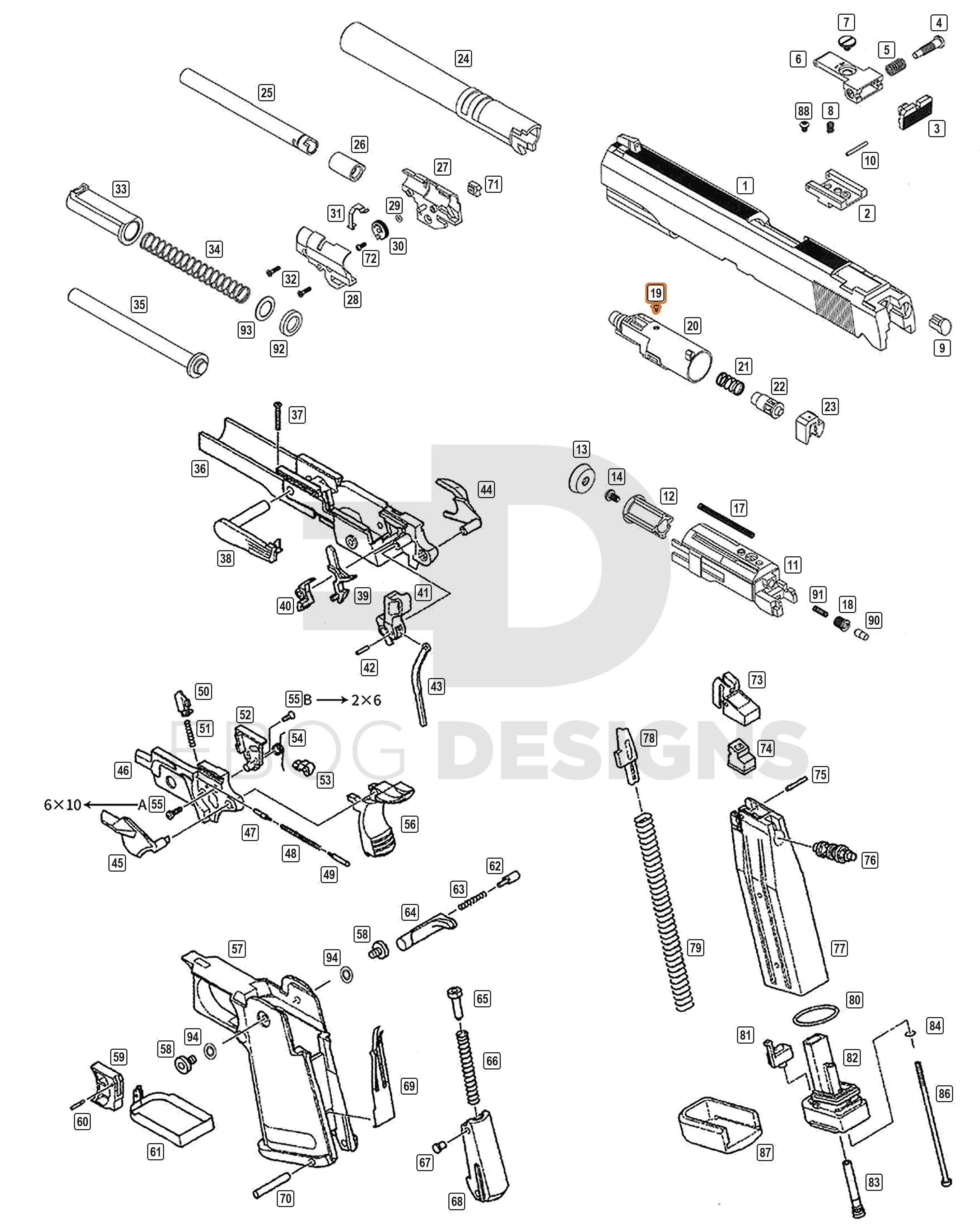 Full WE Hi-Capa parts diagram showing where the nozzle valve screw (part 19) fits