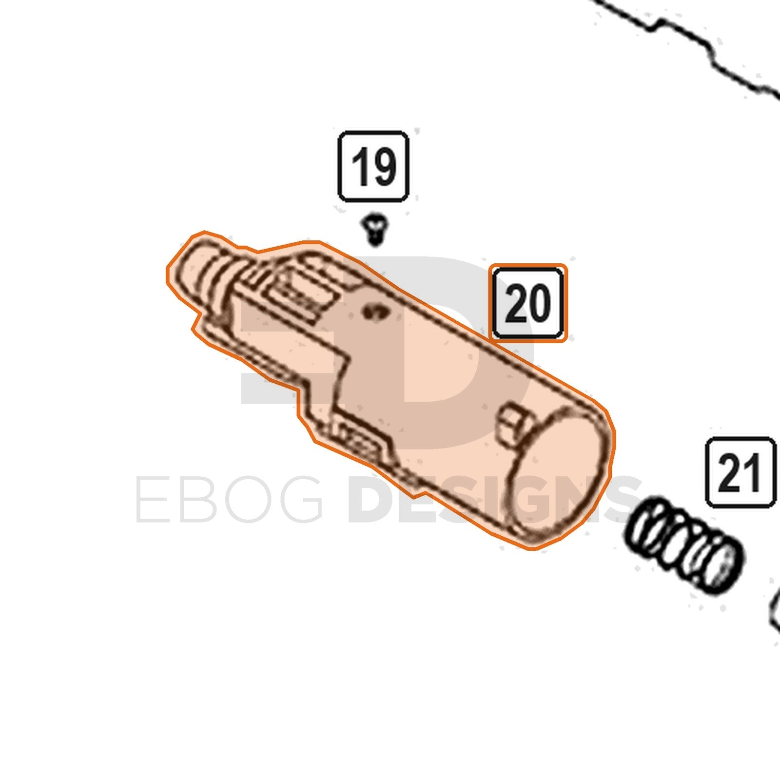 WE Hi-Capa parts diagram with the loading nozzle, part 20, outlined