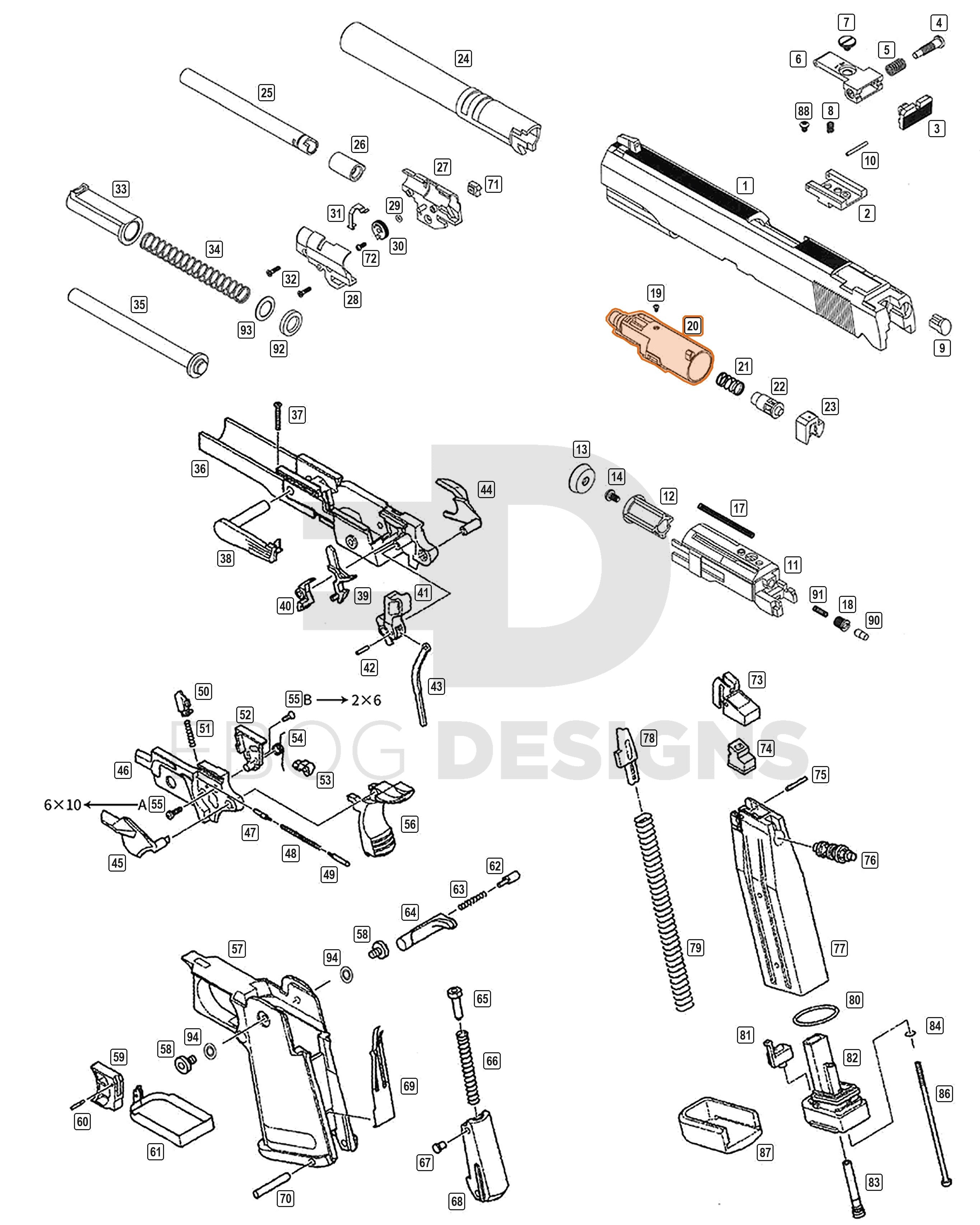 Full WE Hi-Capa parts diagram showing where the loading nozzle (part 20) fits