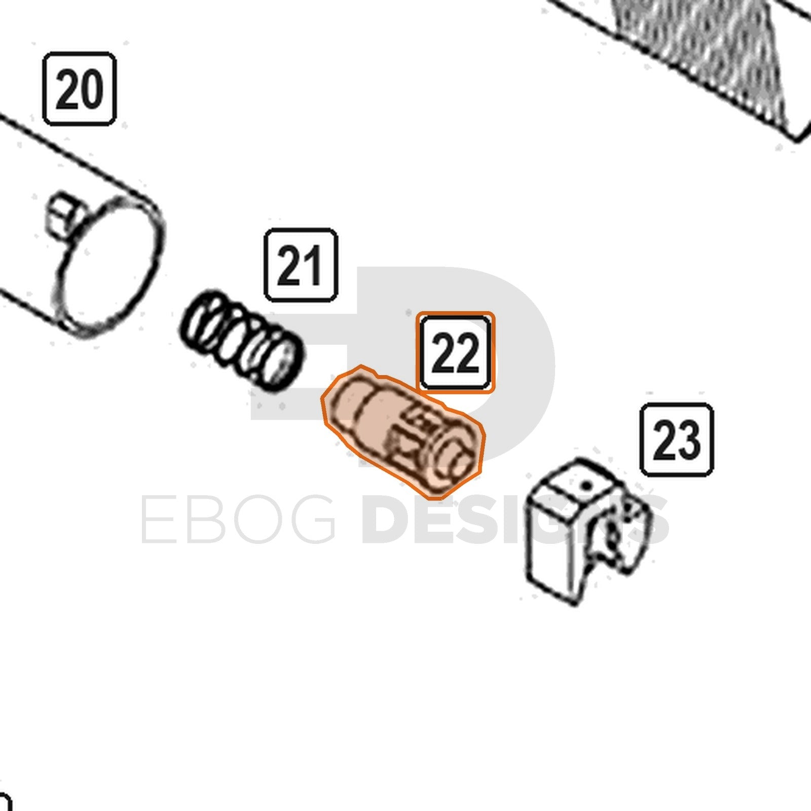 WE Hi-Capa parts diagram with the nozzle valve, part 22, outlined