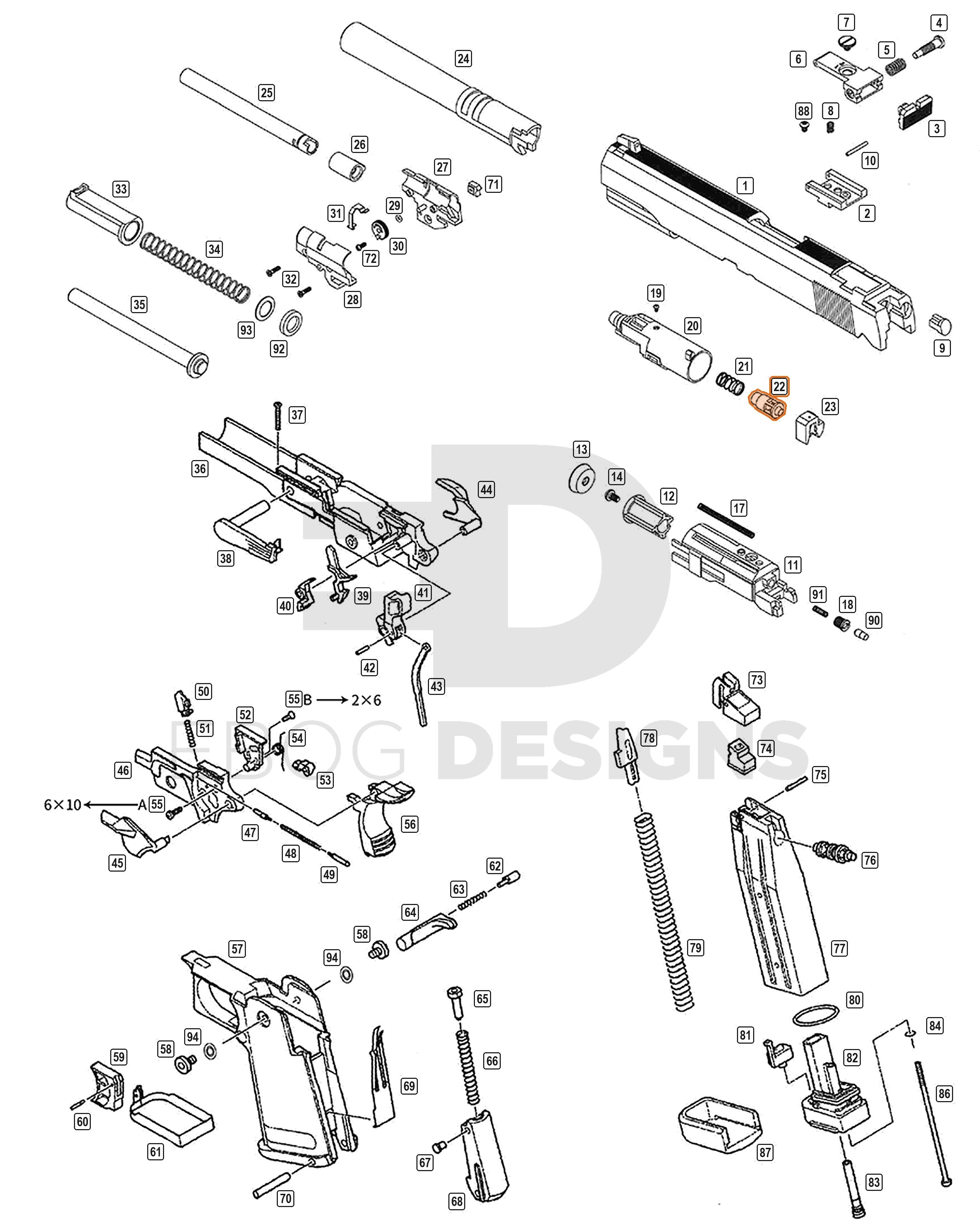 Full WE Hi-Capa parts diagram showing where the nozzle valve (part 22) fits