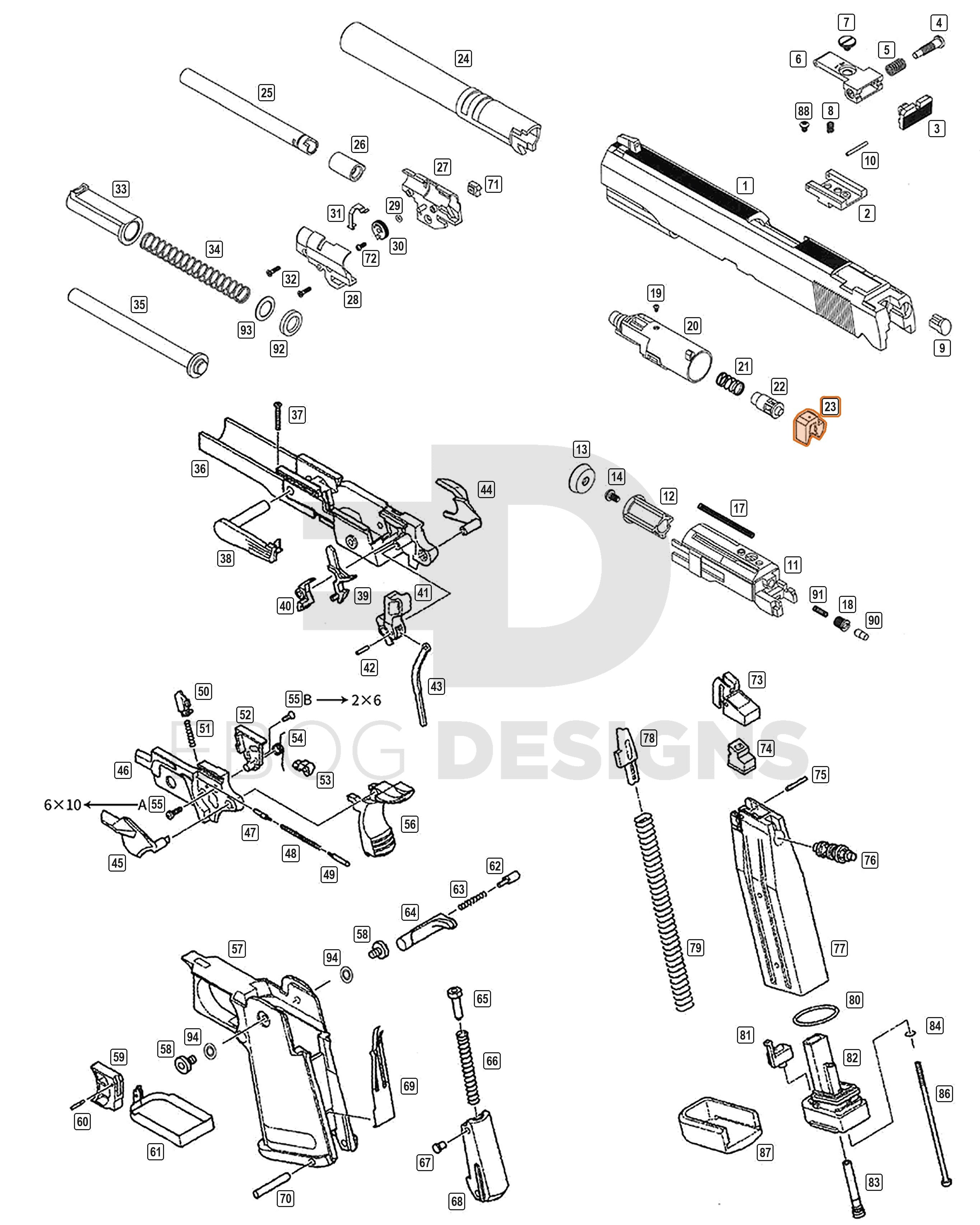 Full WE Hi-Capa parts diagram showing where the valve stop (part 23) fits