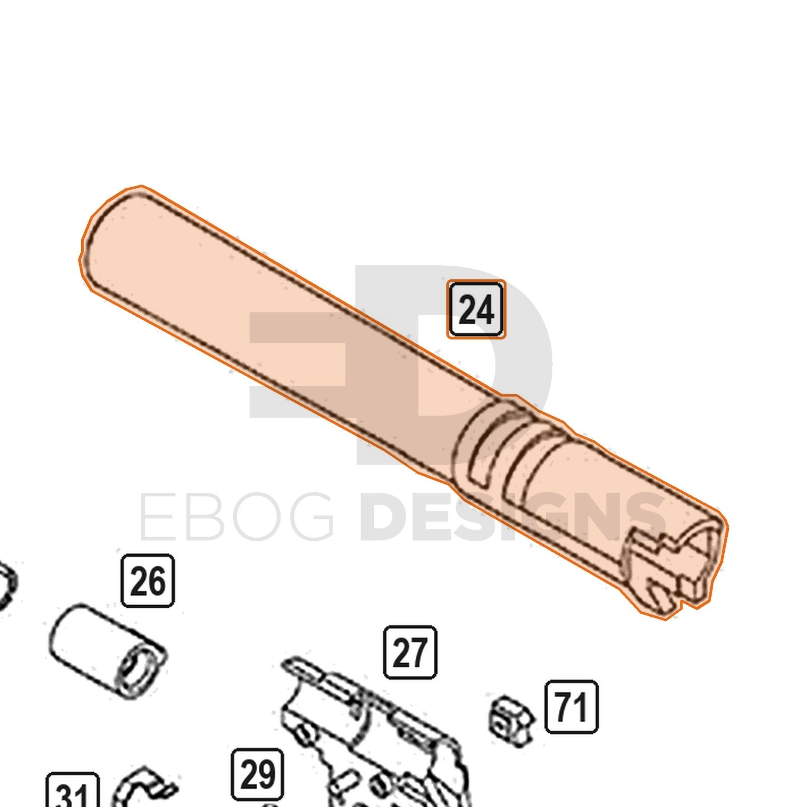 WE Hi-Capa parts diagram with the brushed silver 5.1 threaded outer barrel, part 24, outlined