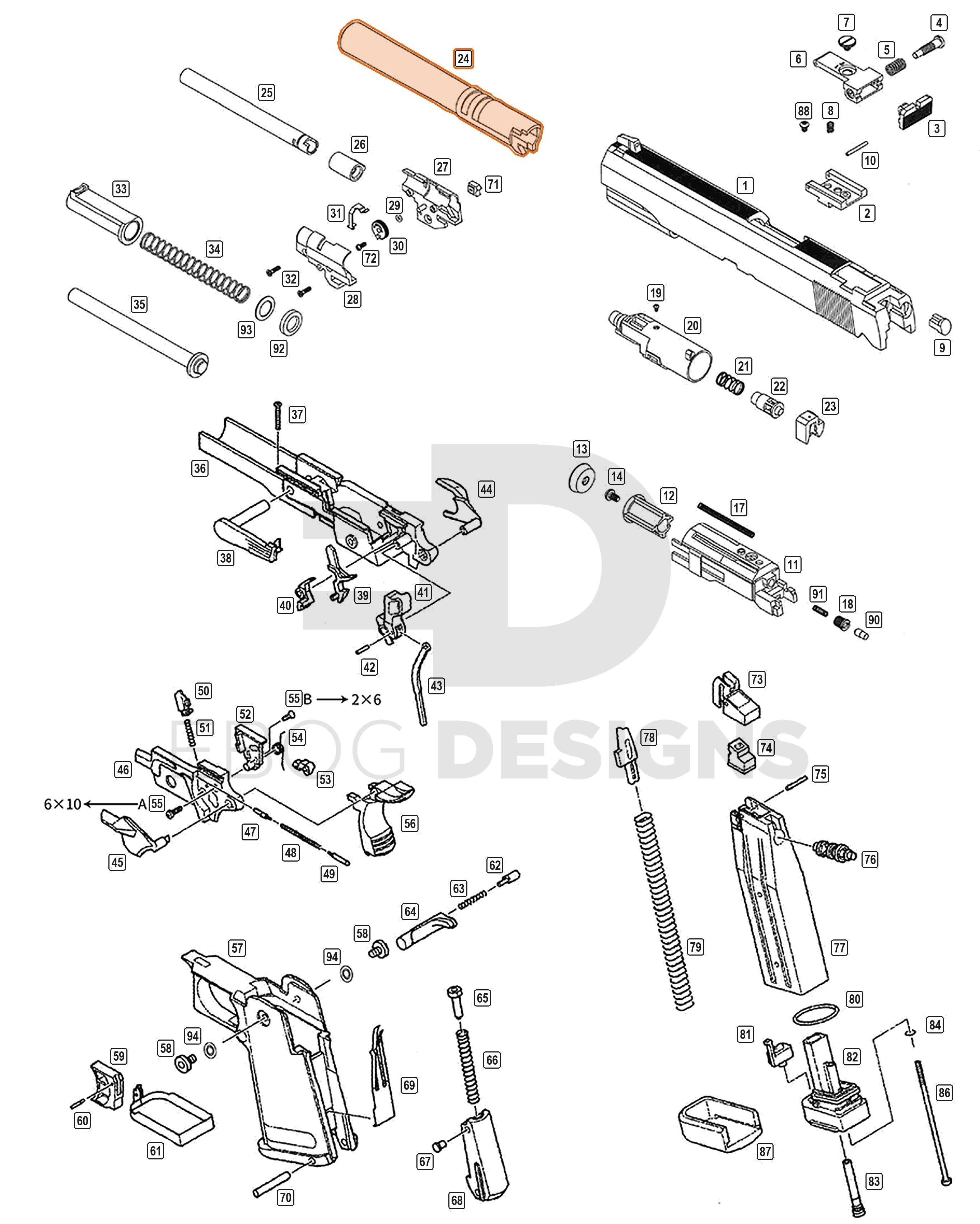 Full WE Hi-Capa parts diagram showing where the silver 5.2 threaded outer barrel (part 24) fits