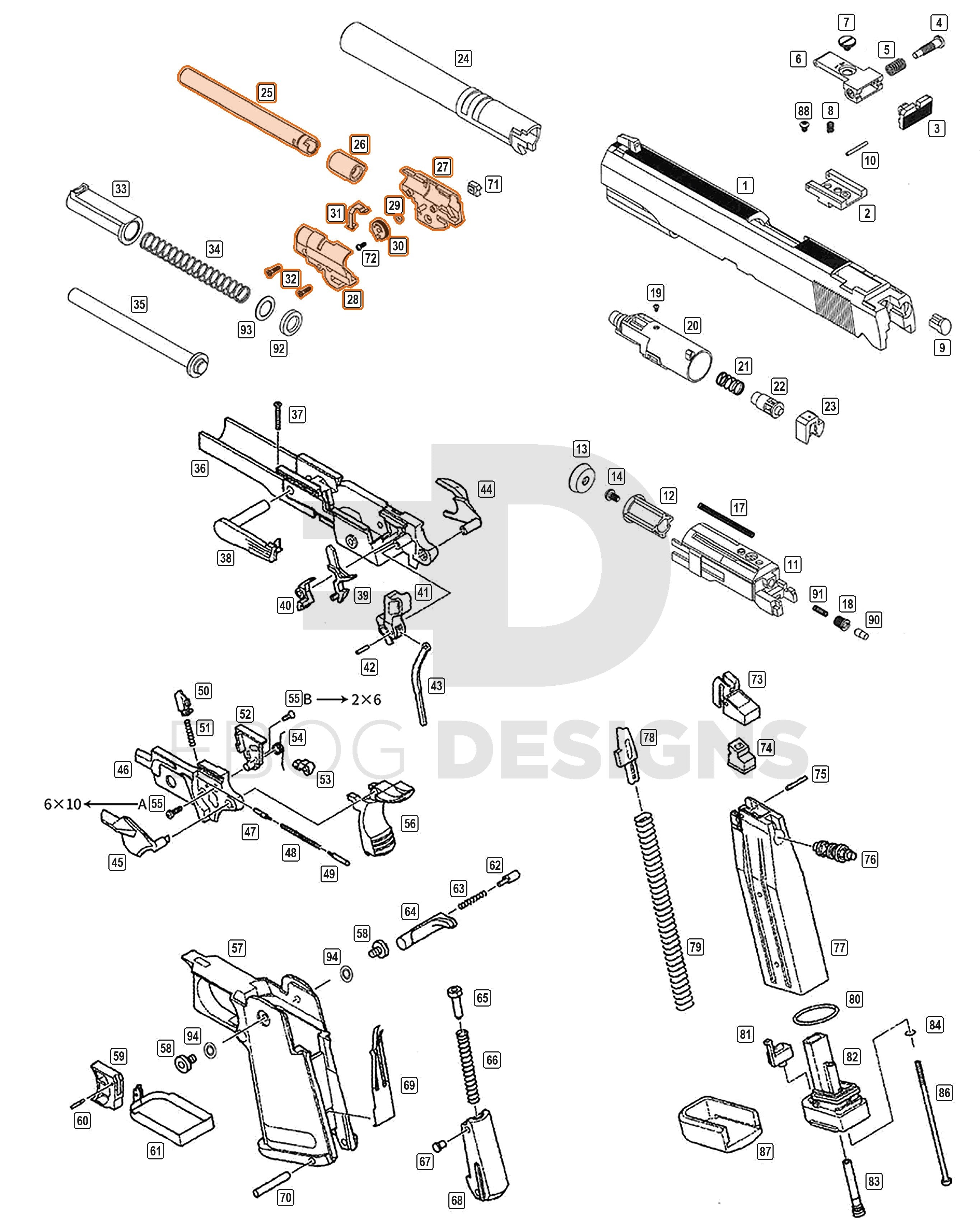 Full WE Hi-Capa parts diagram showing where the 3.8 hop up and barrel (parts 25 to 32) fit