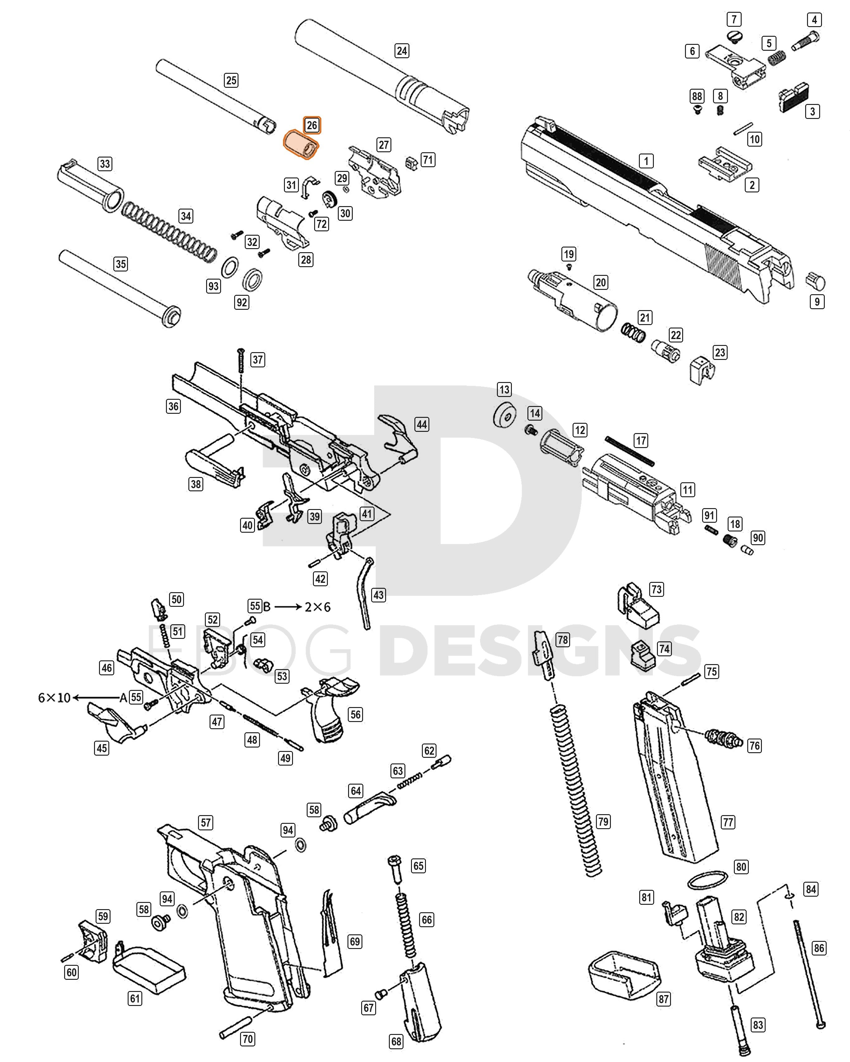 Full WE Hi-Capa parts diagram showing where the bucking (part 26) fits