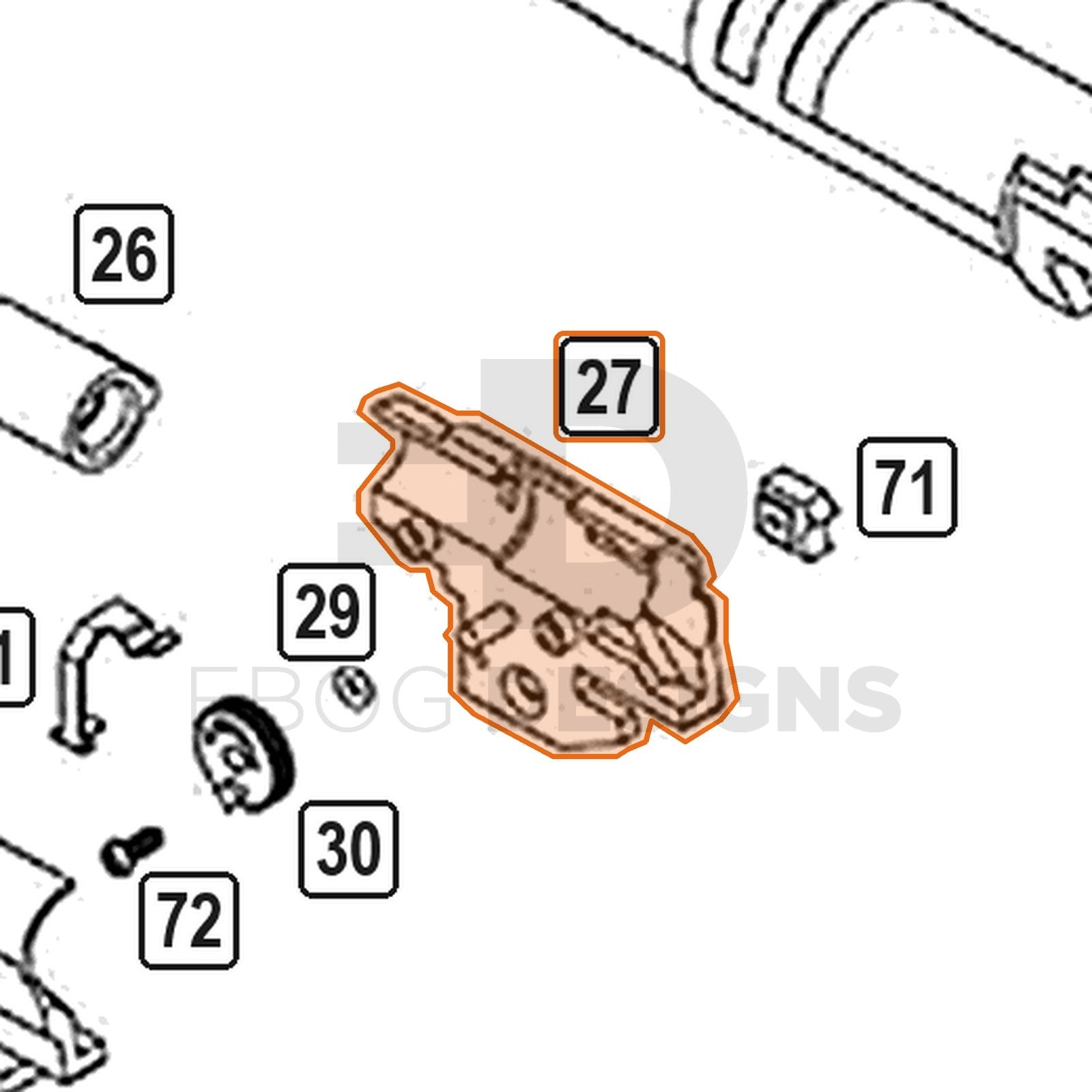 WE Hi-Capa parts diagram with the hop chamber right side, part 27, outlined
