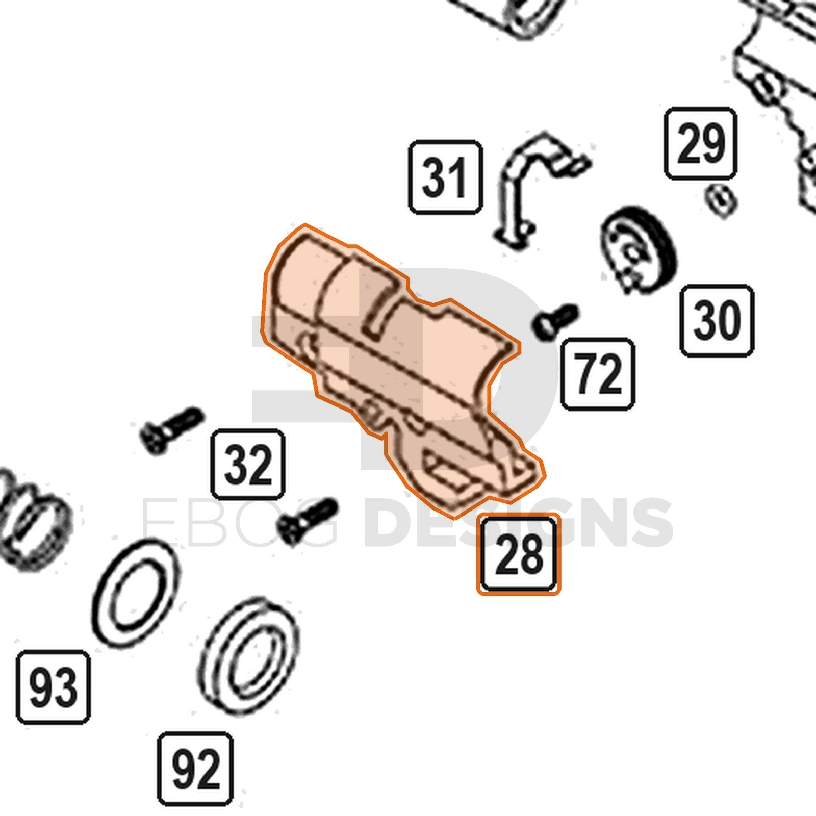 WE Hi-Capa parts diagram with the hop chamber left side, part 28, outlined
