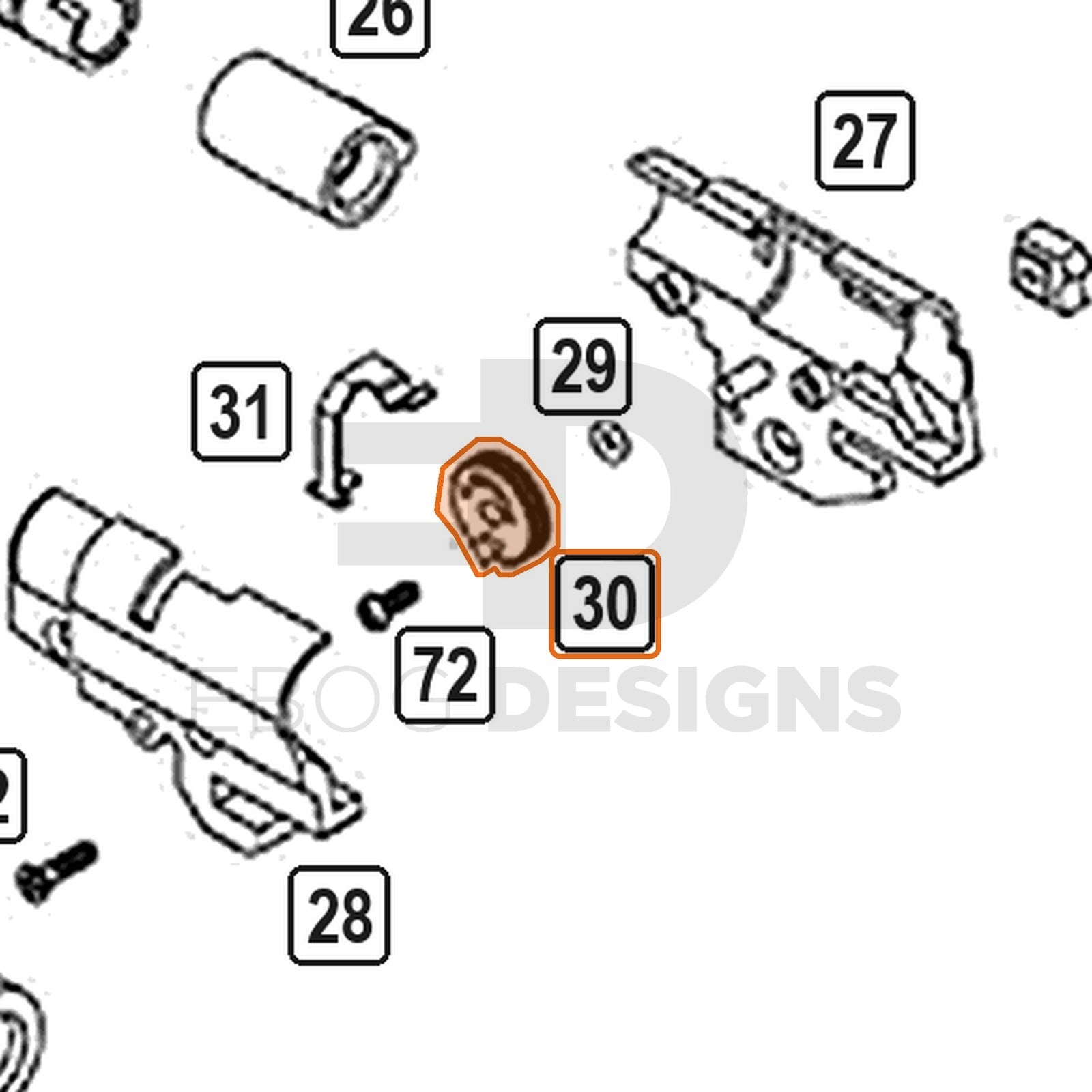 WE Hi-Capa parts diagram with the hop chamber wheel, part 30, outlined