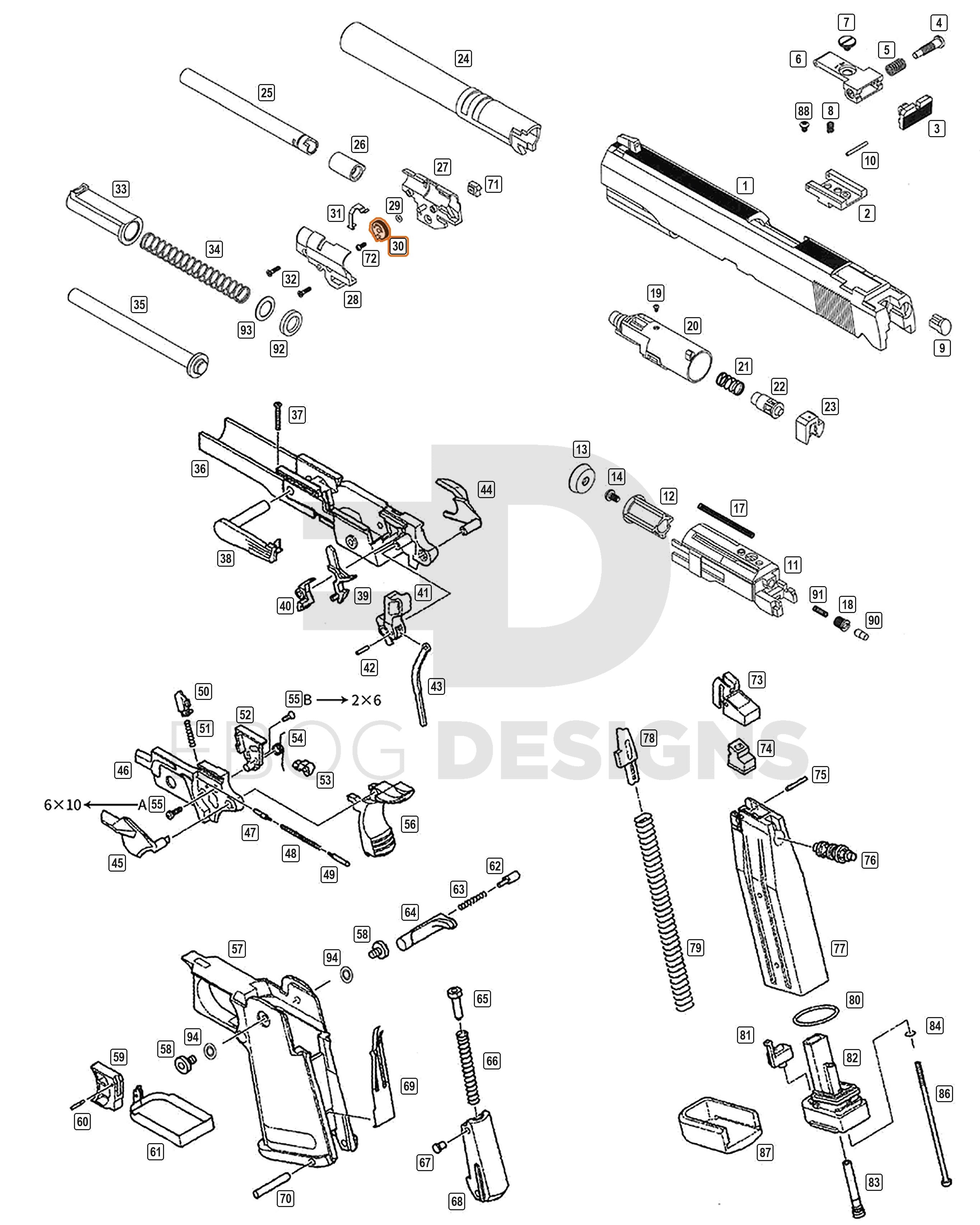 Full WE Hi-Capa parts diagram showing where the hop chamber wheel (part 30) fits