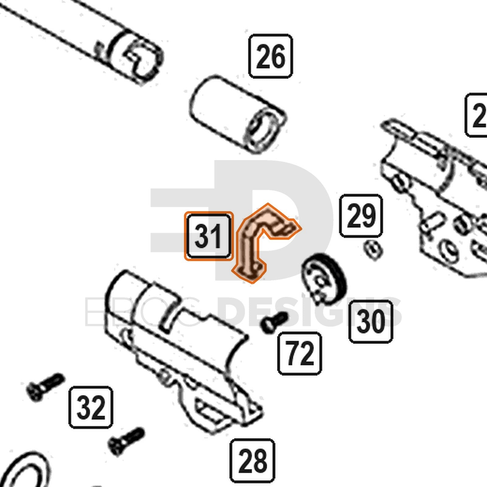 WE Hi-Capa parts diagram with the hop chamber arm, part 31, outlined