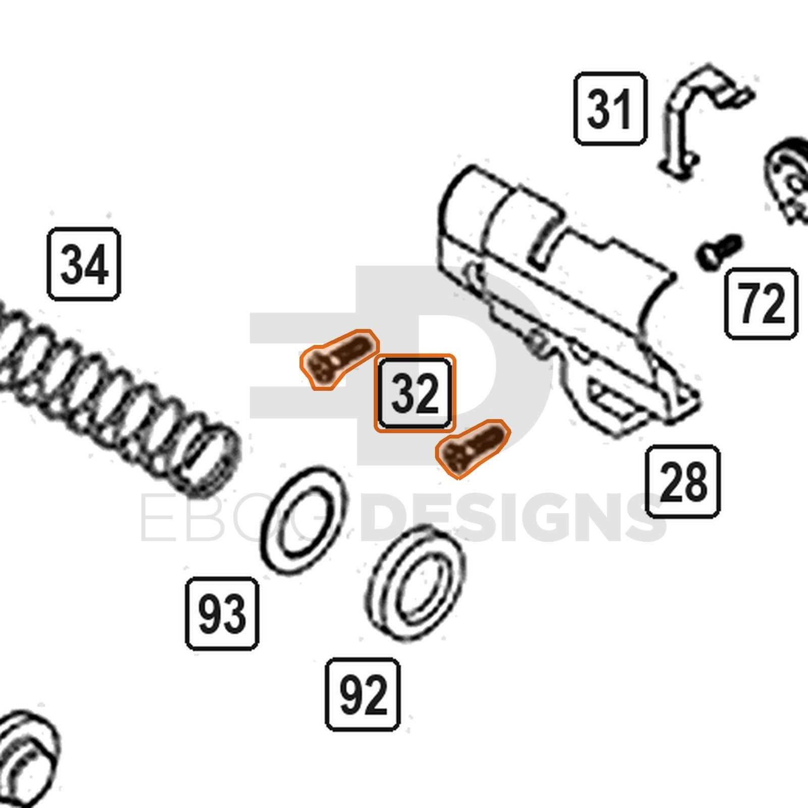 WE Hi-Capa parts diagram with the hop chamber screws x2, part 32, outlined