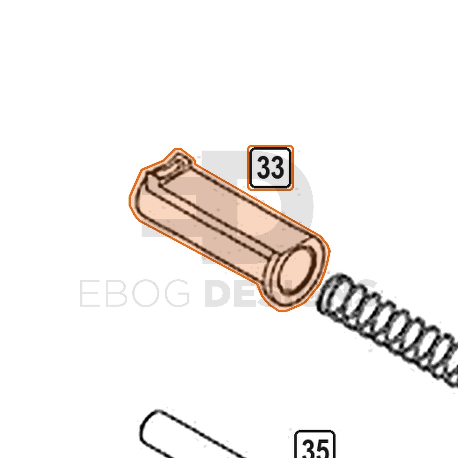 WE Hi-Capa parts diagram with the 3.8 spring guide plug, part 33, outlined