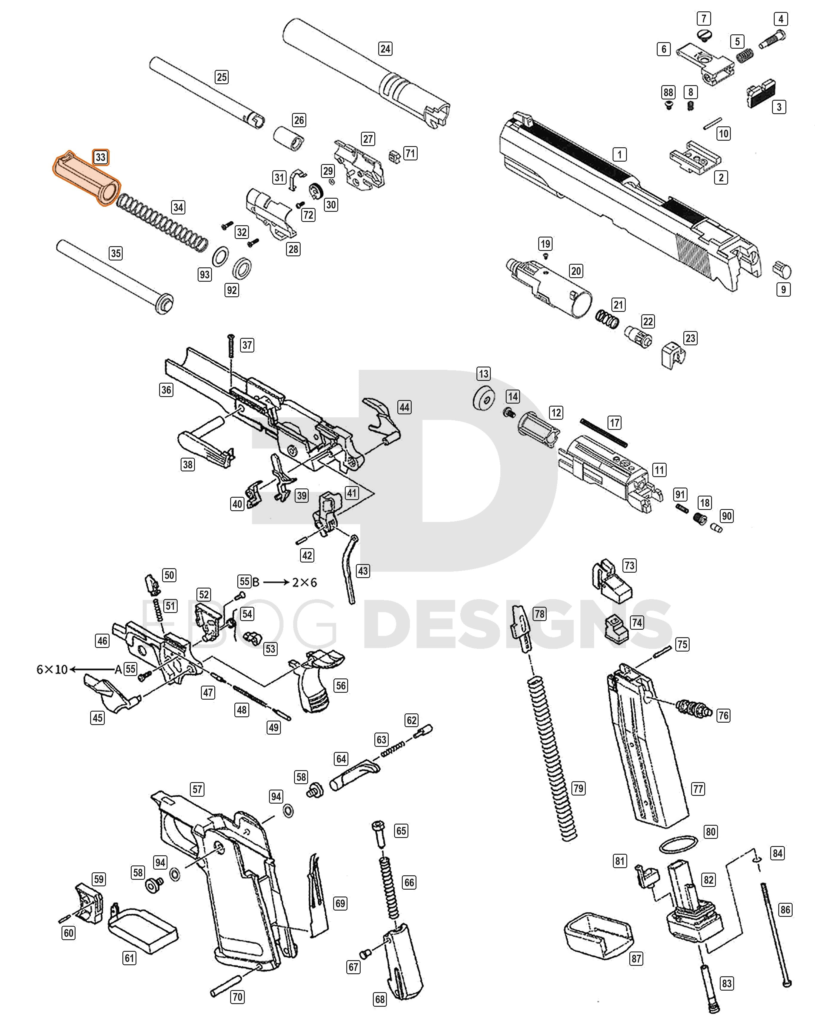 Full WE Hi-Capa parts diagram showing where the 5.1 spring guide plug (part 33) fits