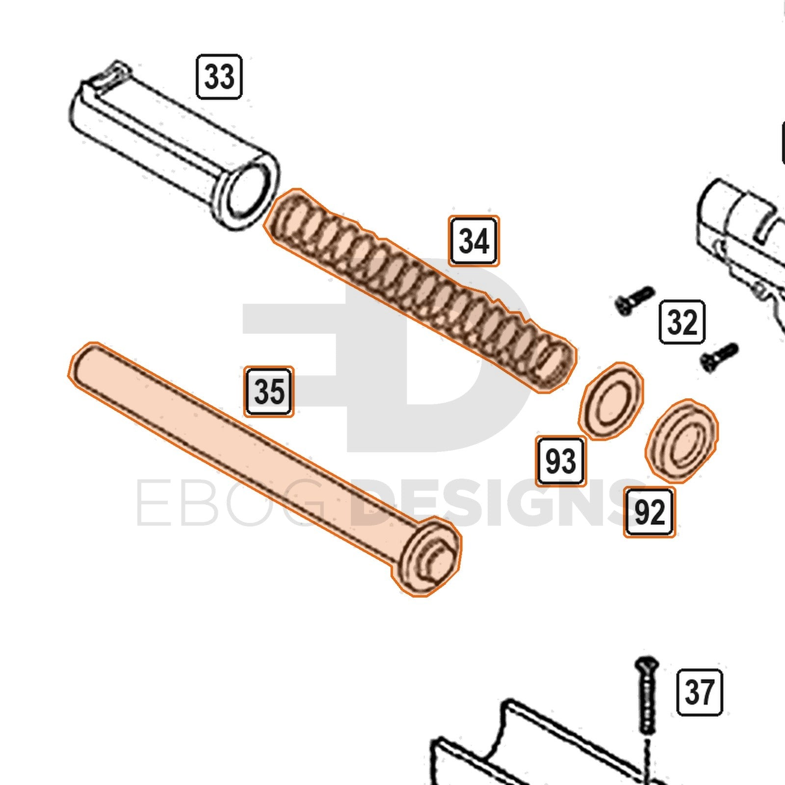 WE Hi-Capa parts diagram with the 5.1 recoil spring and guide, parts 34, 35, 92 and 93, outlined