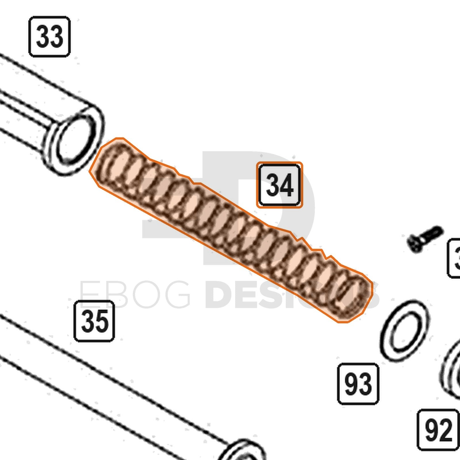 WE Hi-Capa parts diagram with the 4.3 recoil spring, part 34, outlined