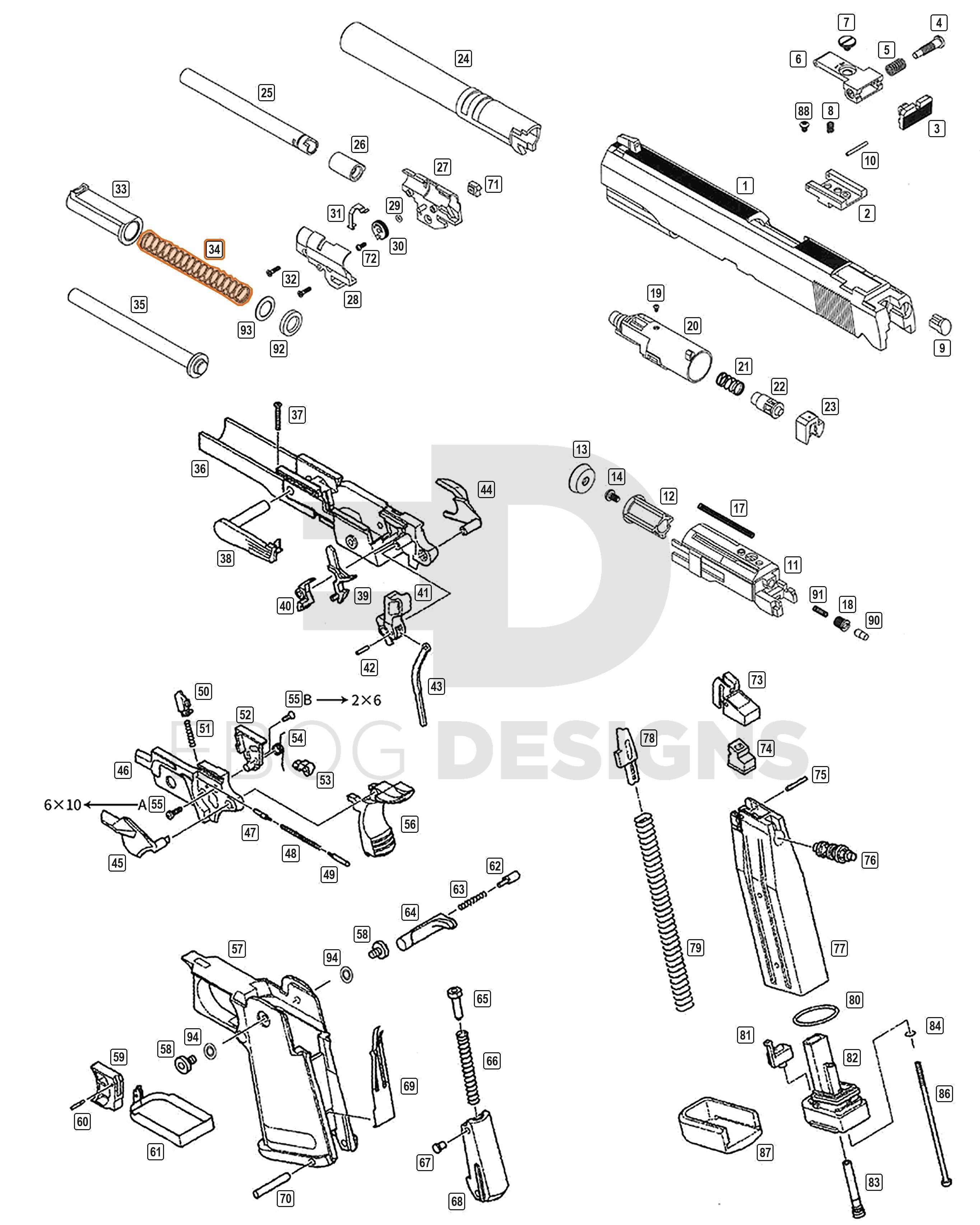 Full WE Hi-Capa parts diagram showing where the 4.3 recoil spring (part 34) fits
