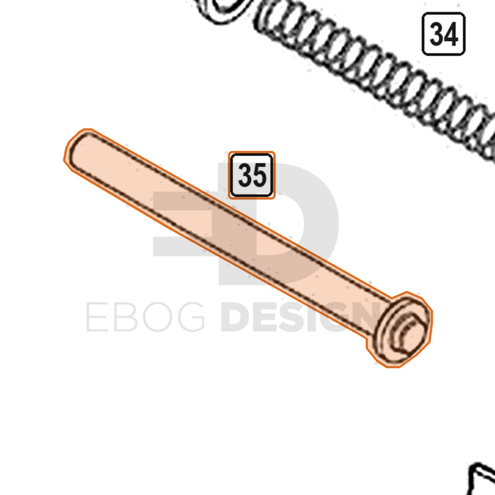 WE Hi-Capa parts diagram with the 4.3 spring guide rod, part 35, outlined