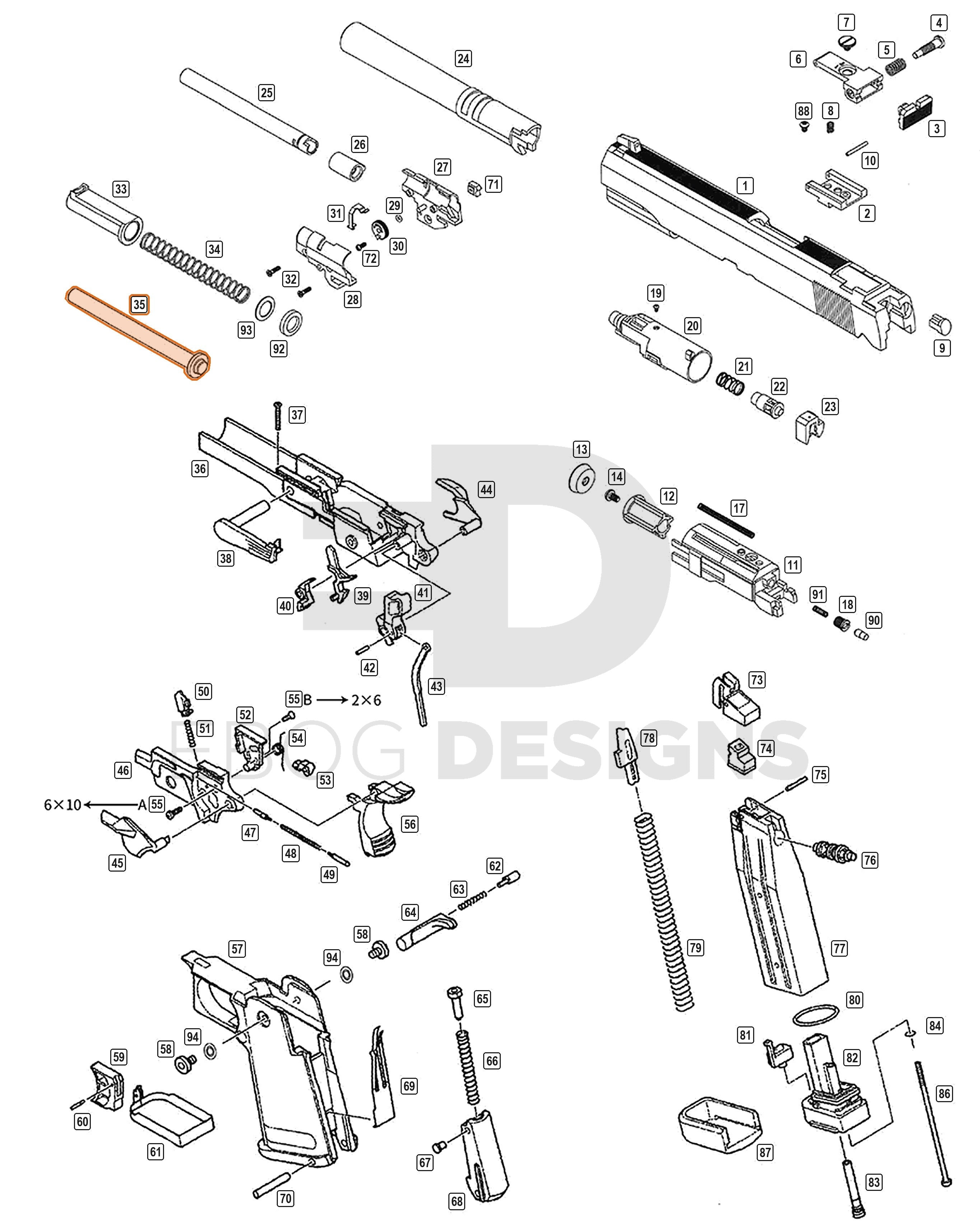 Full WE Hi-Capa parts diagram showing where the 4.3 spring guide rod (part 35) fits