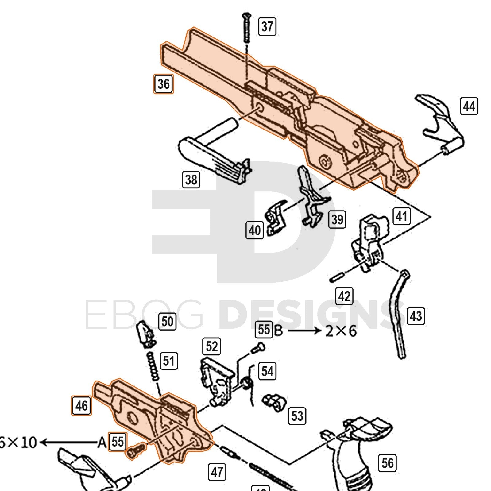 WE Hi-Capa parts diagram with the 4.3 upper frame set (railed) A, parts 36, 46 and 55, outlined