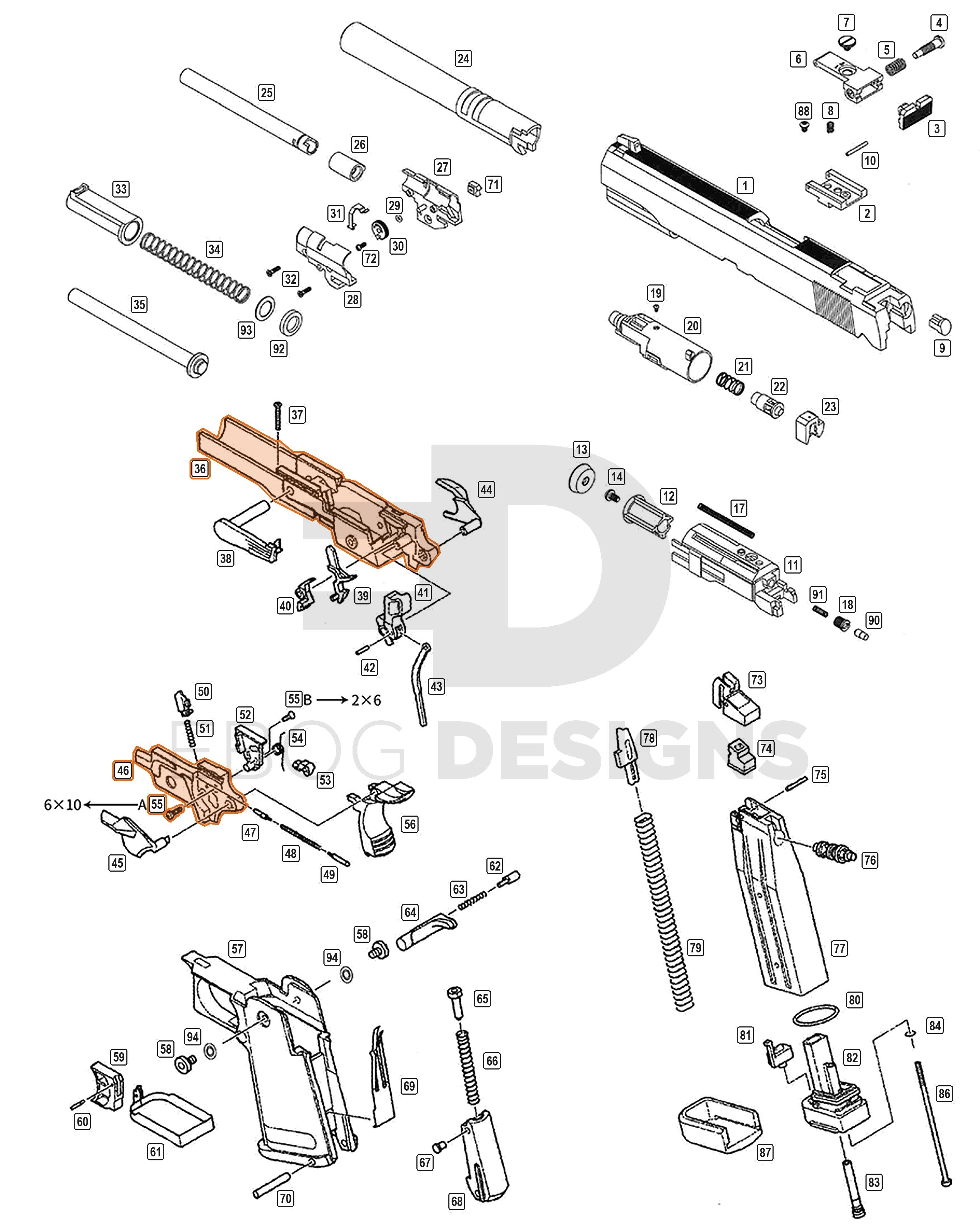 Full WE Hi-Capa parts diagram showing where the 4.3 upper frame set (railed) A (parts 36, 46 and 55) fits