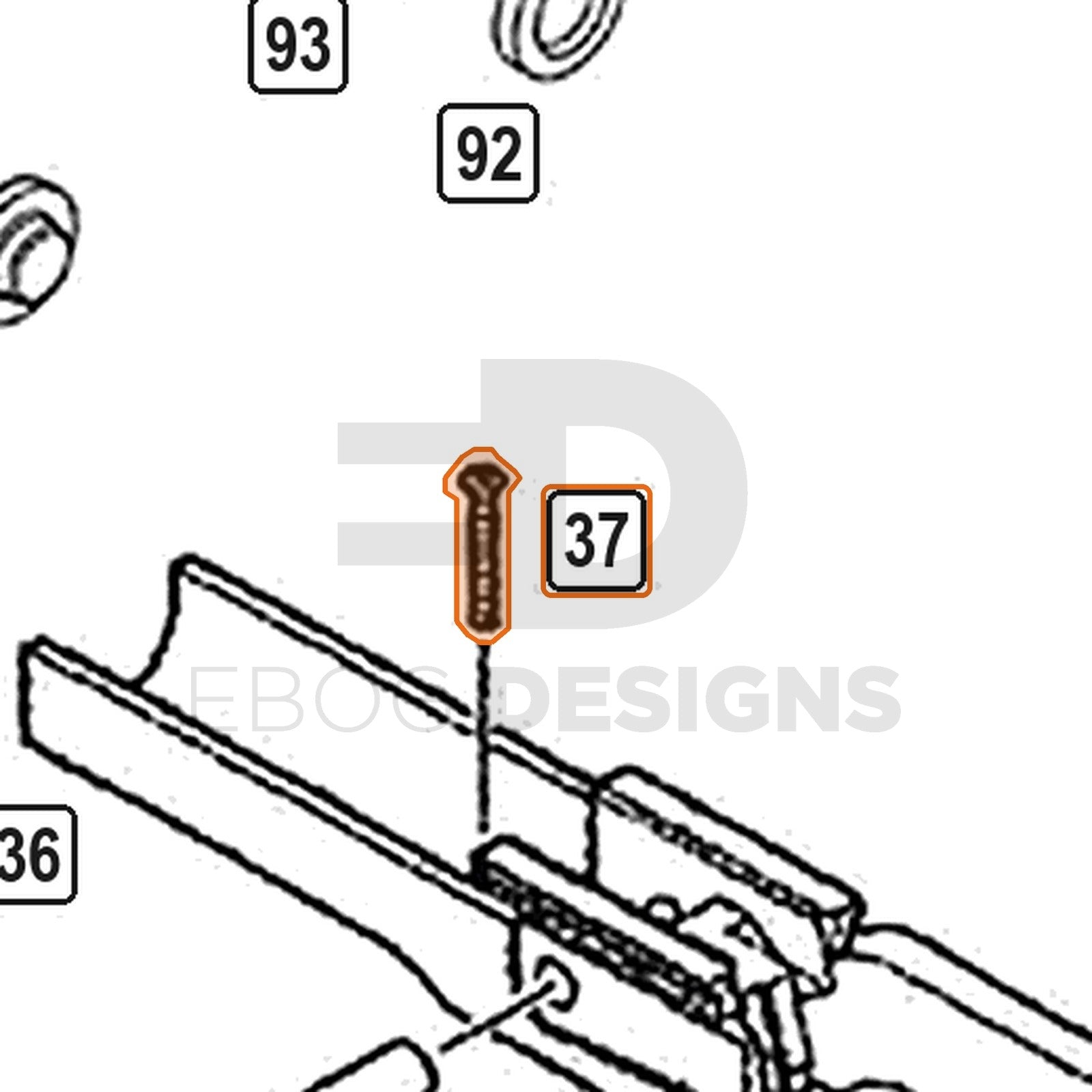 WE Hi-Capa parts diagram with the frame screw, part 37, outlined