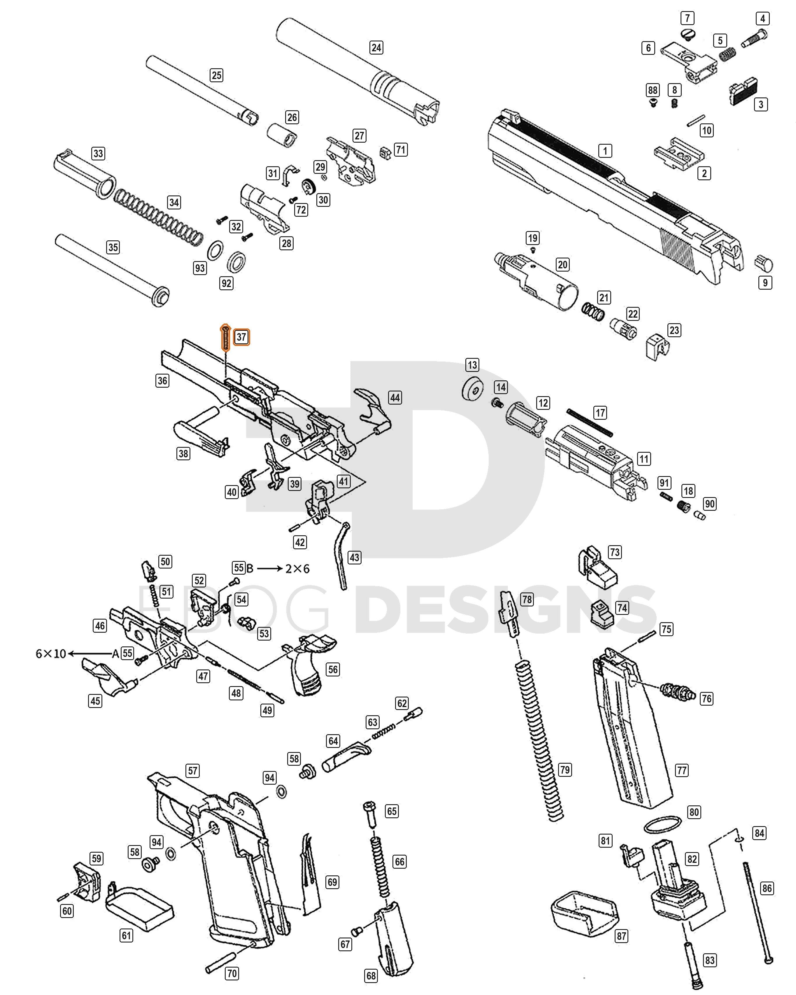 Full WE Hi-Capa parts diagram showing where the frame screw (part 37) fits
