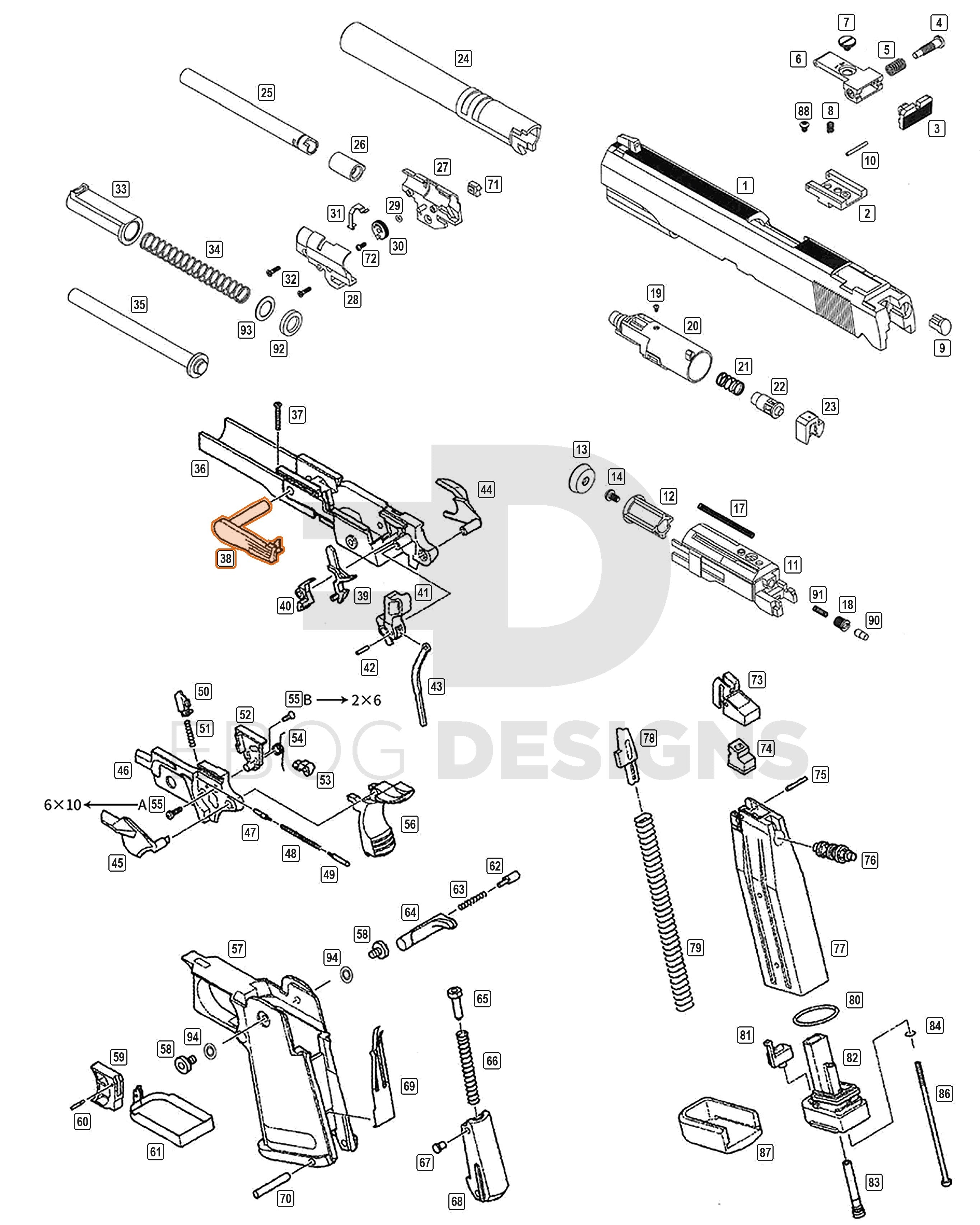 Full WE Hi-Capa parts diagram showing where the slide stop lever, black (part 38) fits