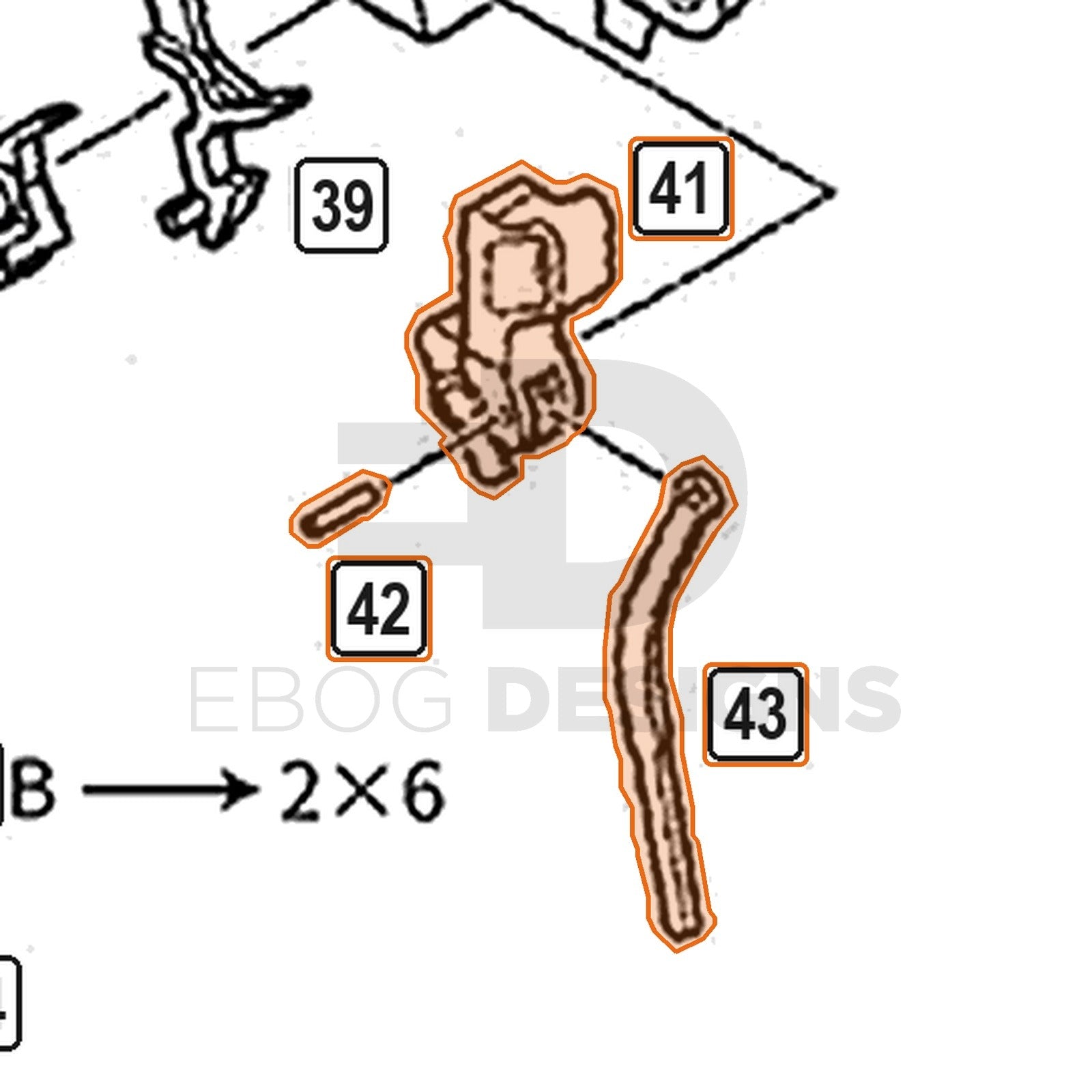 WE Hi-Capa parts diagram with the hammer assembly B, parts 41, 42 and 43, outlined