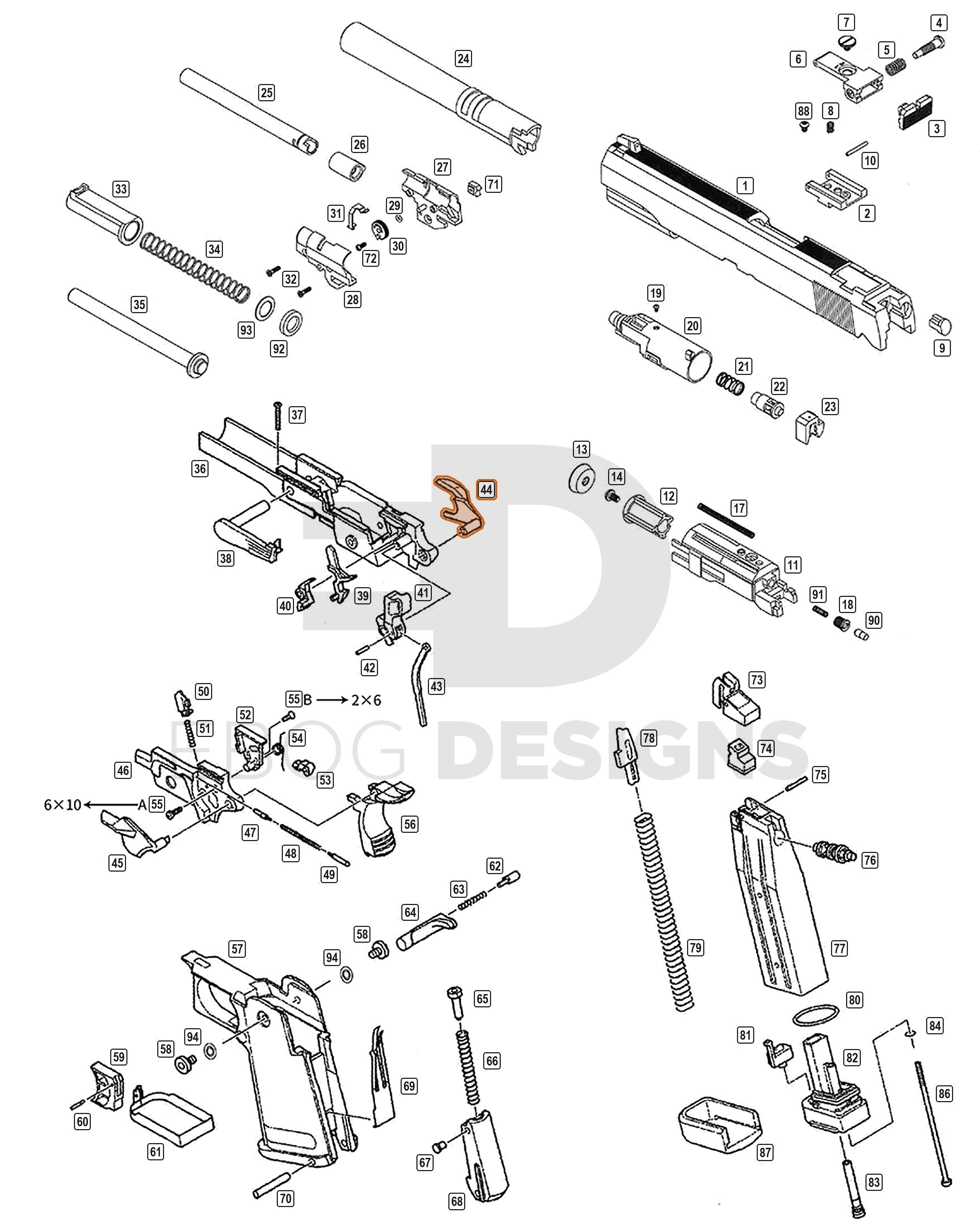 Full WE Hi-Capa parts diagram showing where the right thumb safety, black (part 44) fits
