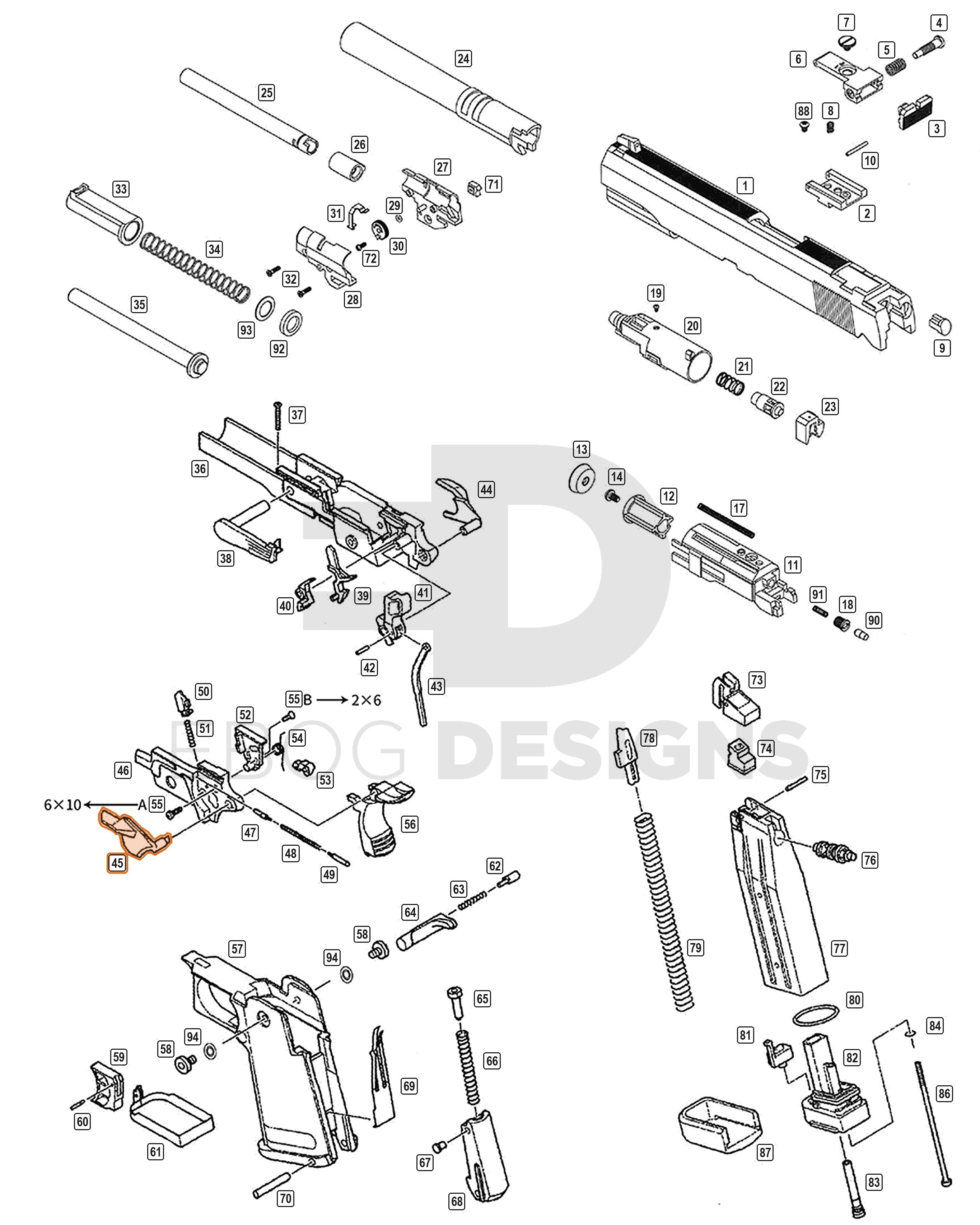 Full WE Hi-Capa parts diagram showing where the left thumb safety, black (part 45) fits